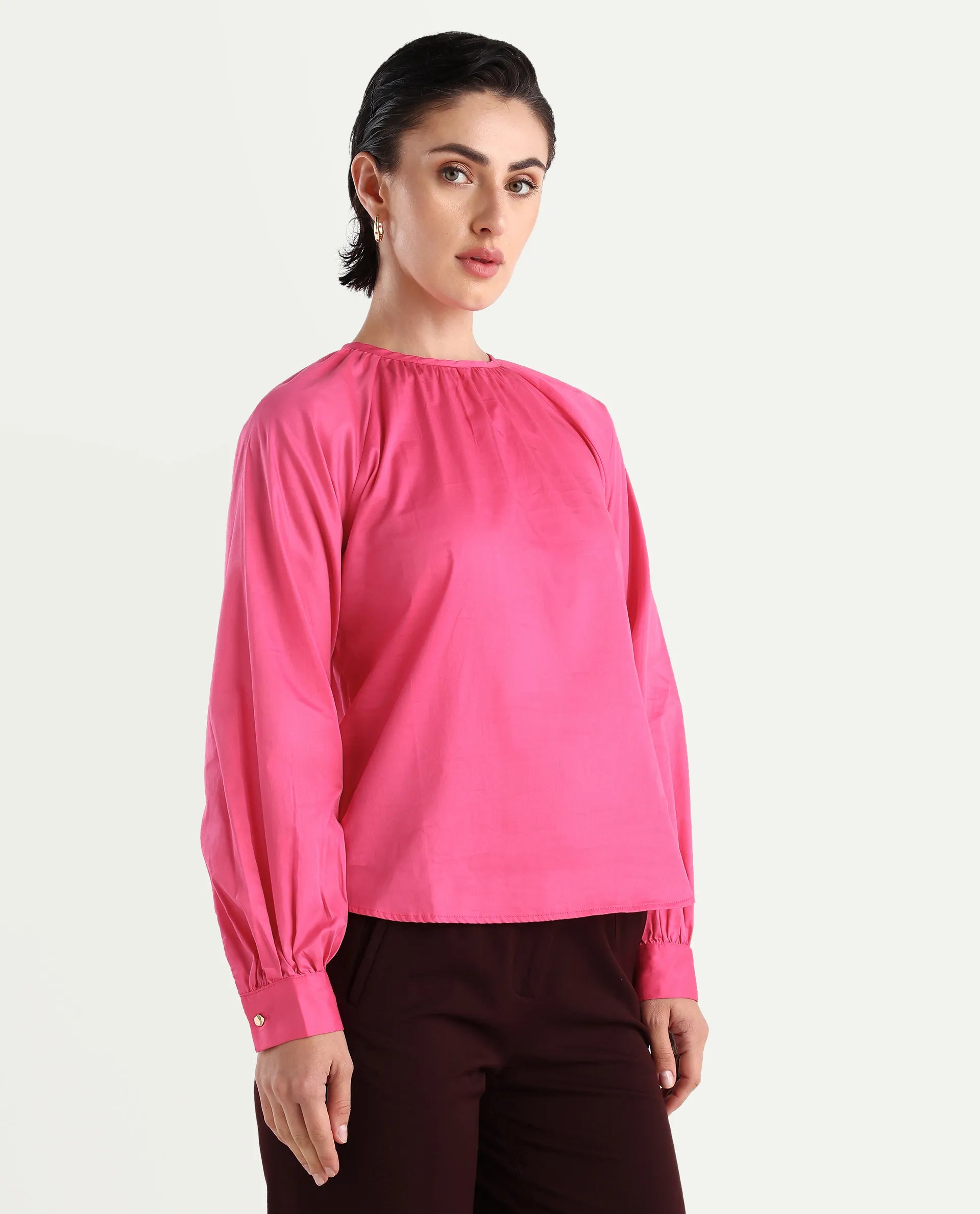 Rareism Women's Somree Pink Cotton Round Neck Plain Cuffed Sleeve Relaxed Fit Top