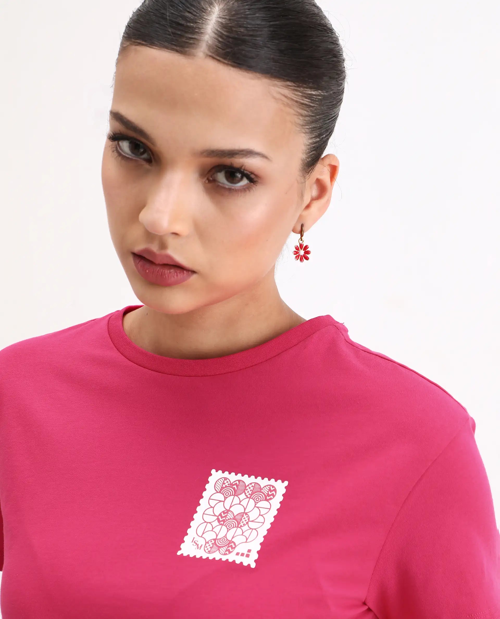 Rareism Women's Somrey Pink Cotton Blend Crew Neck Graphic Print Crop Regular Fit T-Shirt