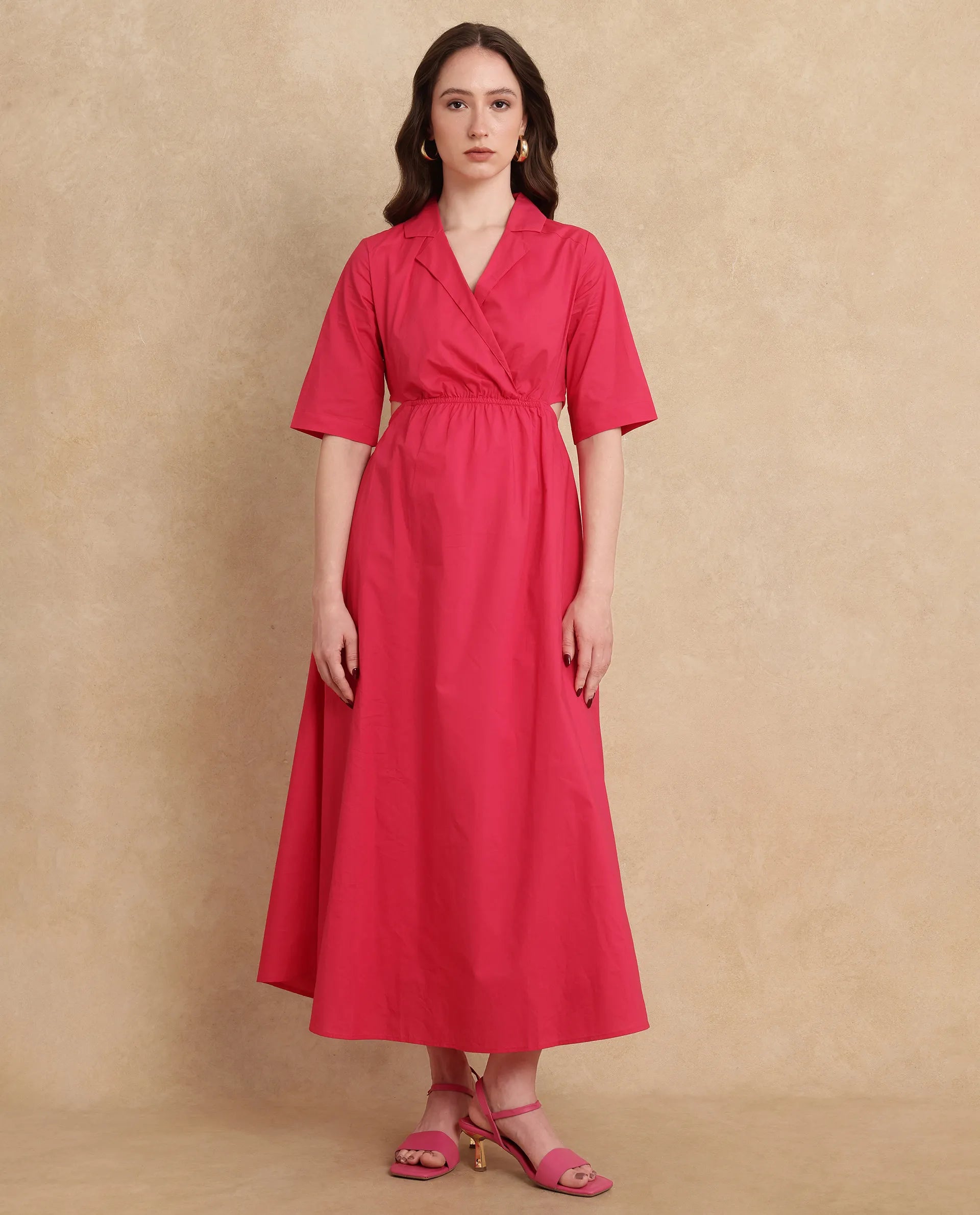 Rareism Women Somrica Dark Pink Cotton Fabric Half Sleeve Lapel Collar A-Line Maxi Plain Dress