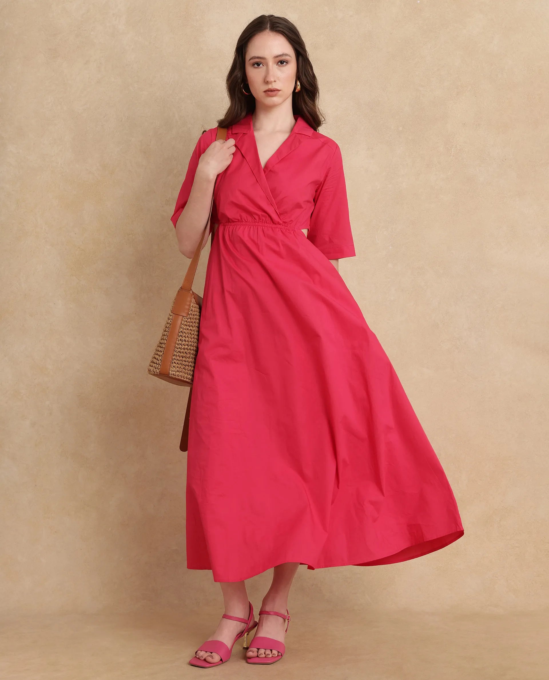 Rareism Women Somrica Dark Pink Cotton Fabric Half Sleeve Lapel Collar A-Line Maxi Plain Dress