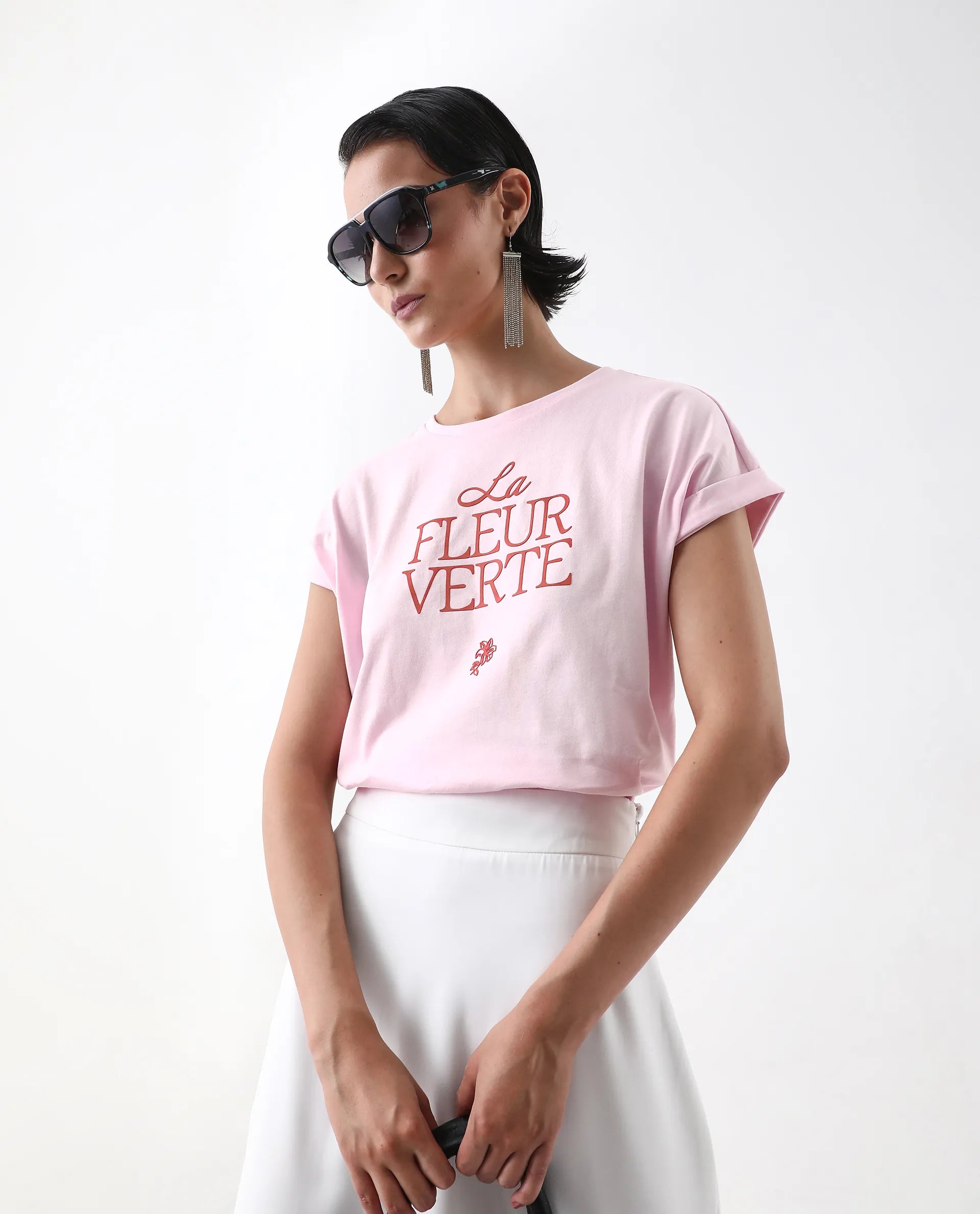 Rareism Women's Somrit Light Pink Cotton Crew Neck Graphic Print Extended Sleeves Regular Fit T-Shirt