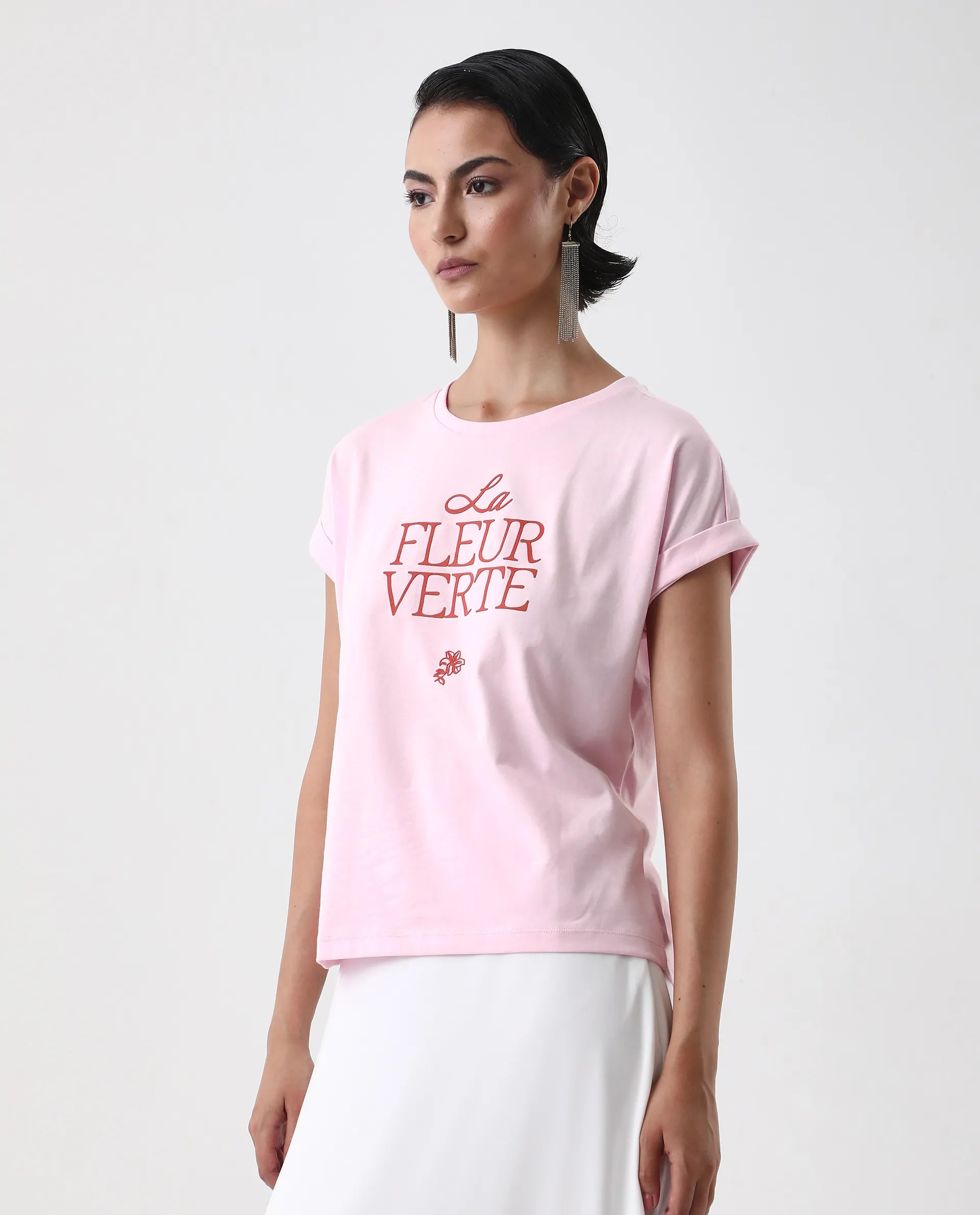 Rareism Women's Somrit Light Pink Cotton Crew Neck Graphic Print Extended Sleeves Regular Fit T-Shirt