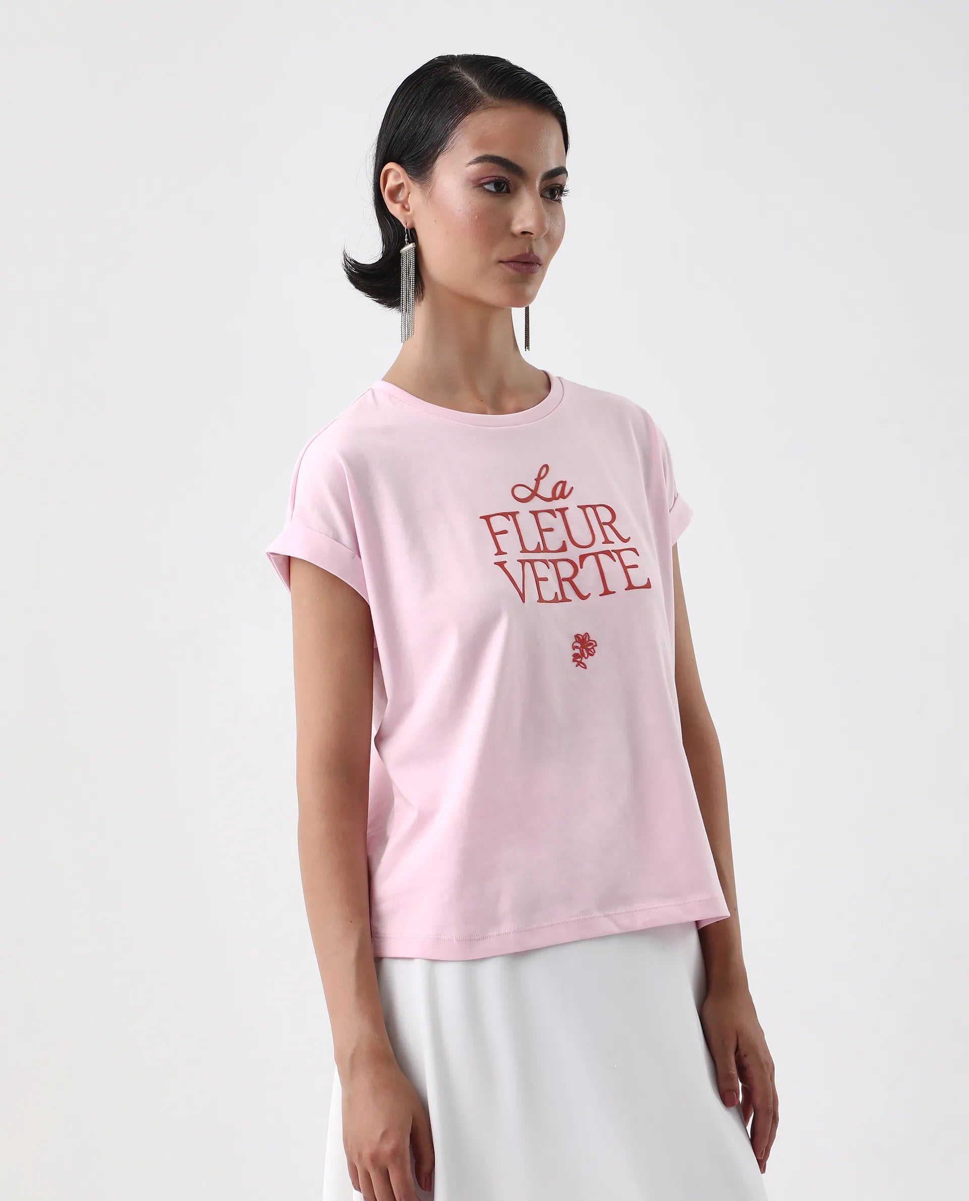 Rareism Women's Somrit Light Pink Cotton Crew Neck Graphic Print Extended Sleeves Regular Fit T-Shirt