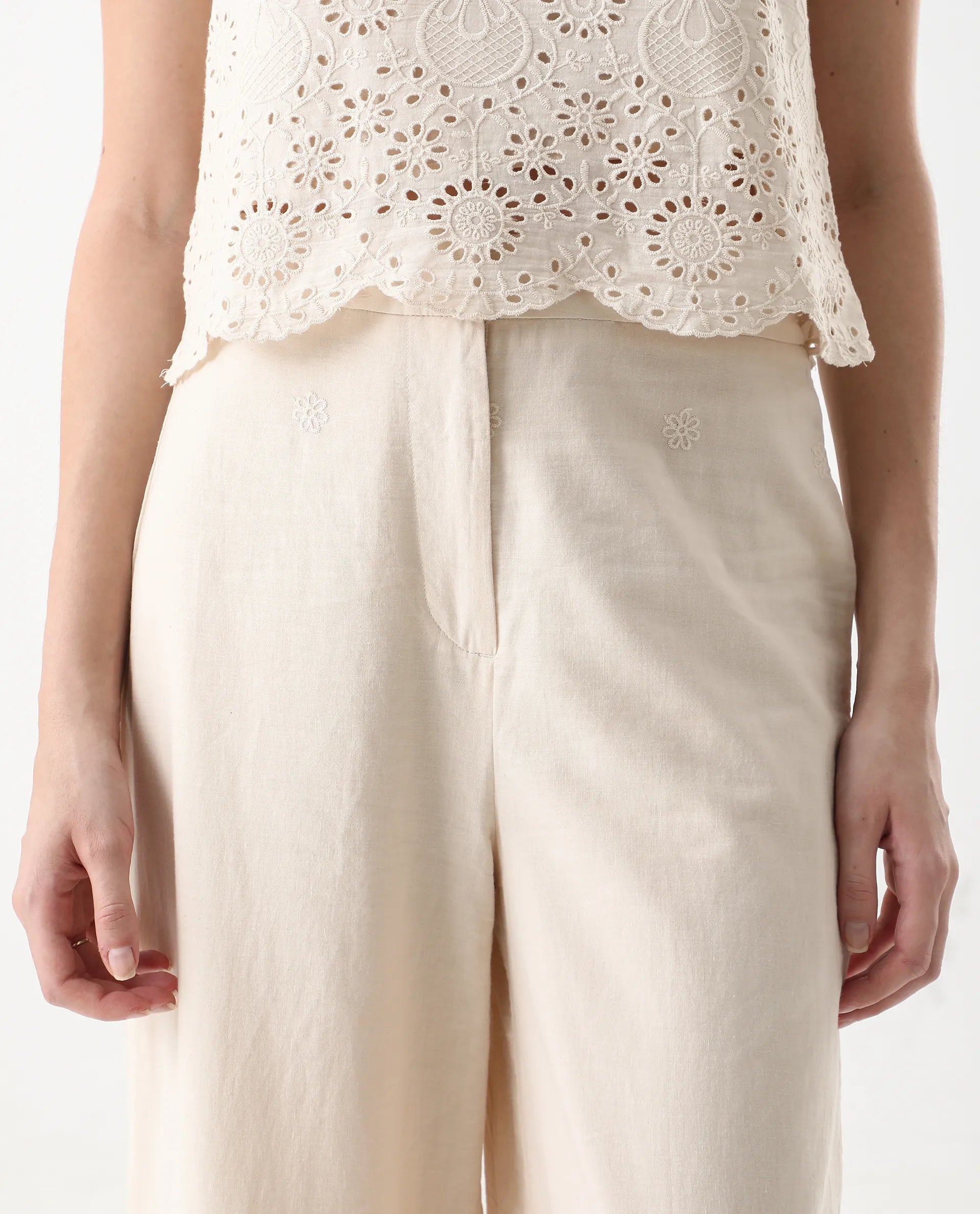 Rareism Women's Somse B Beige Cotton Plain Ankle Length Straight Fit Trouser