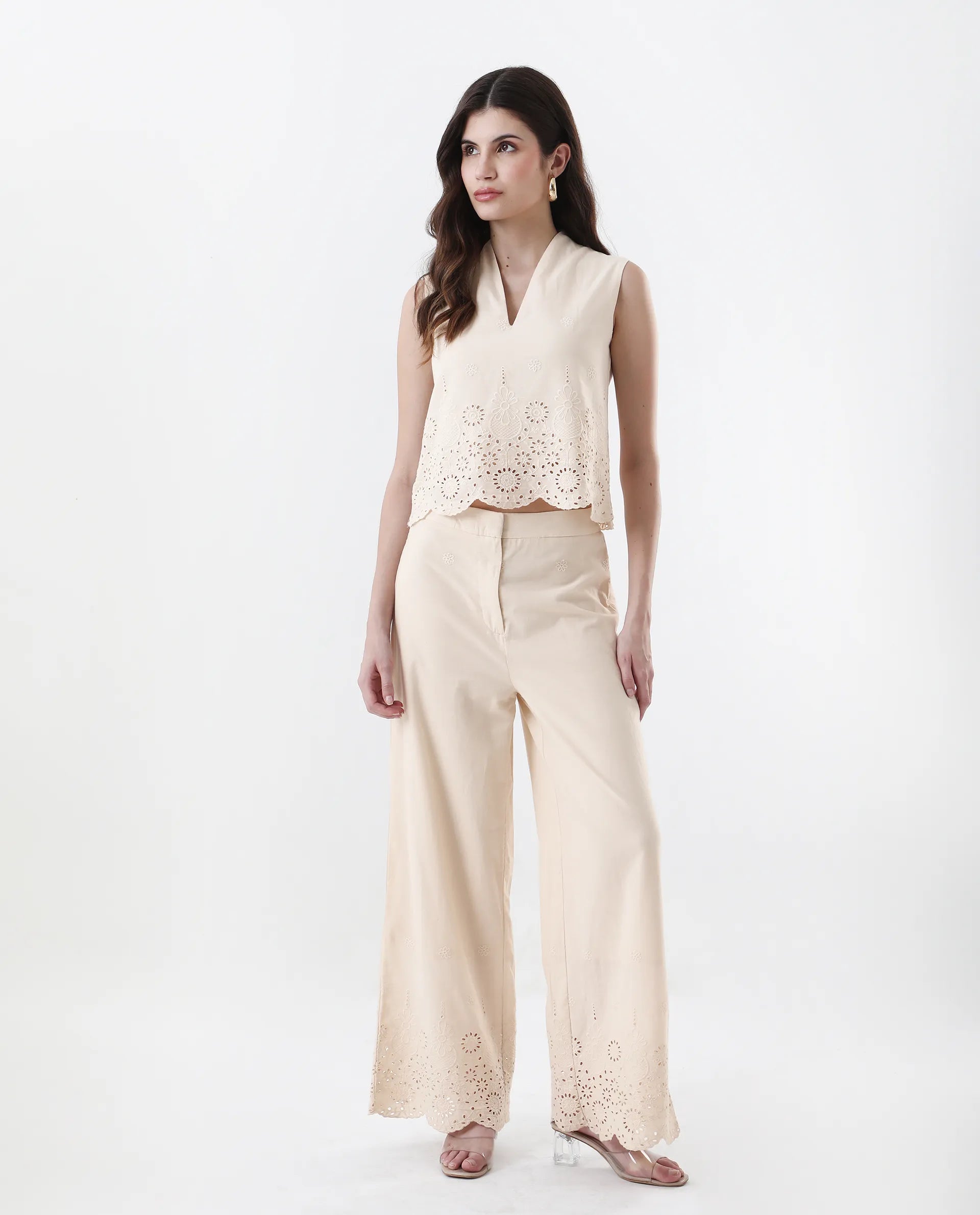 Rareism Women's Somse T Beige Cotton V-Neck Plain Sleeveless Regular Fit Top