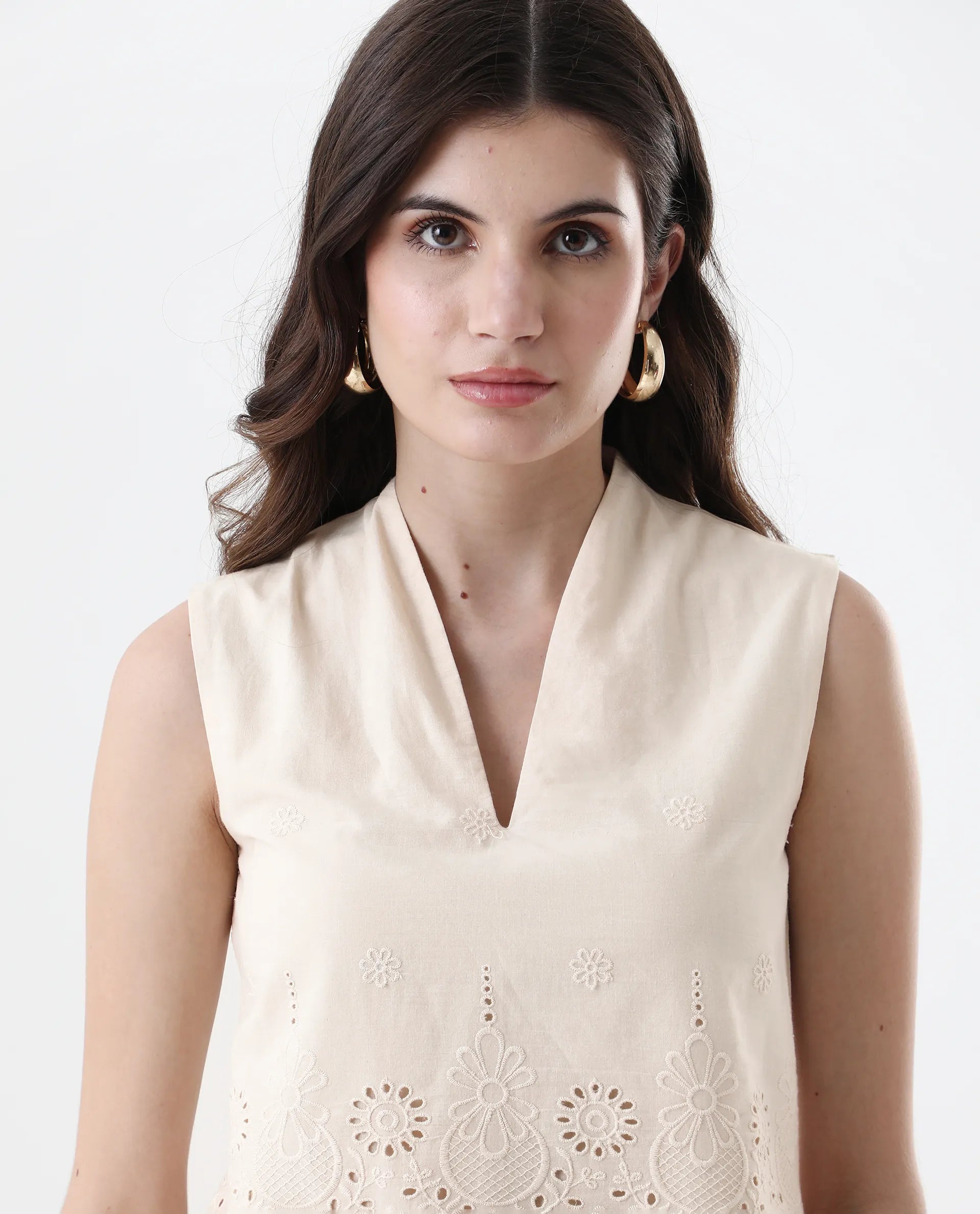 Rareism Women's Somse T Beige Cotton V-Neck Plain Sleeveless Regular Fit Top