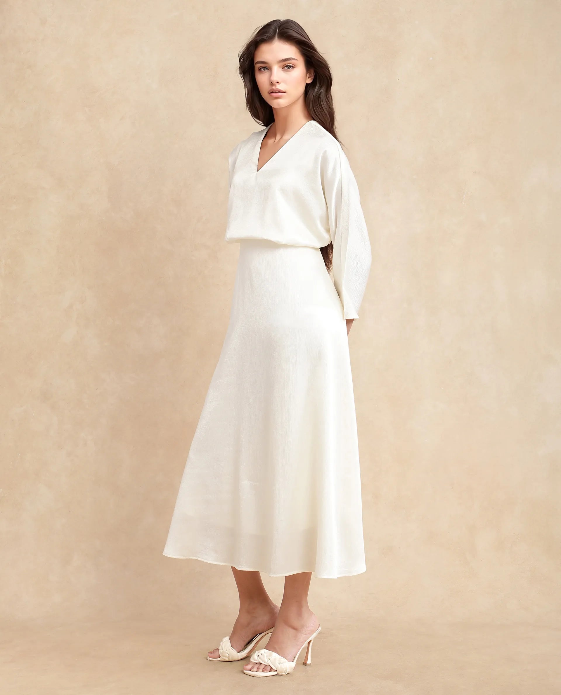 Rareism Women Somsho Off White Polyester Fabric Full Sleeve V-Neck Zipper Closure A-Line Maxi Plain Dress