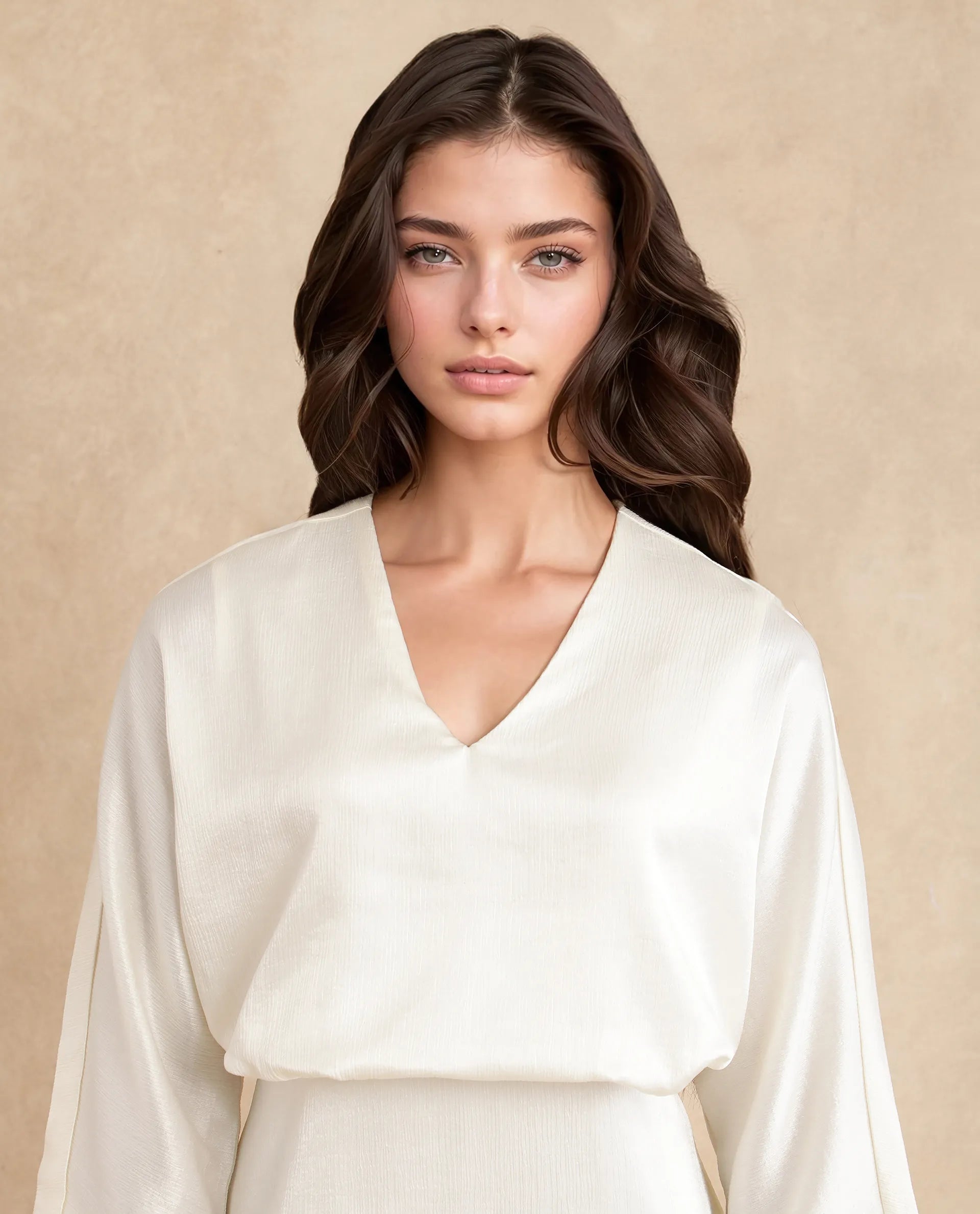 Rareism Women Somsho Off White Polyester Fabric Full Sleeve V-Neck Zipper Closure A-Line Maxi Plain Dress