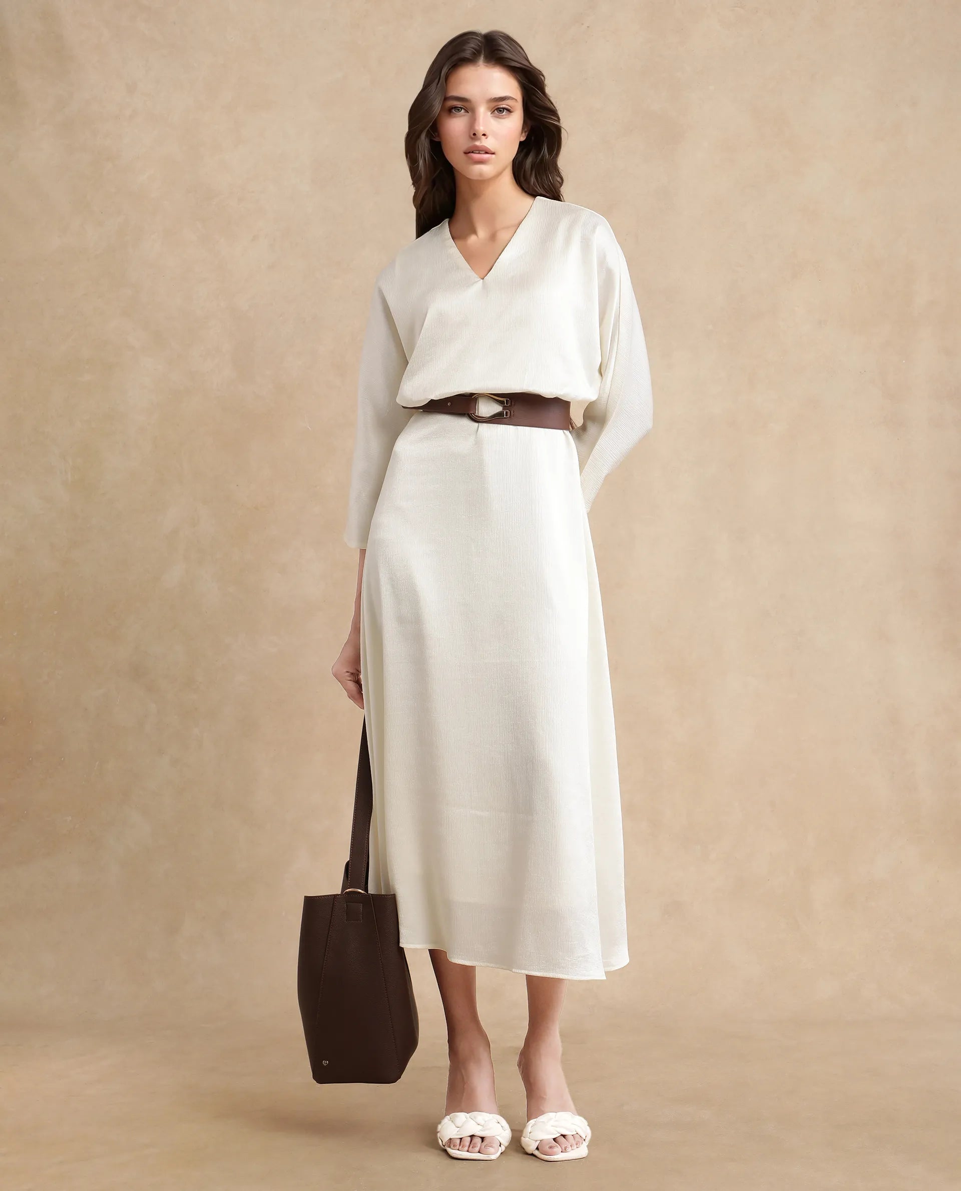 Rareism Women Somsho Off White Polyester Fabric Full Sleeve V-Neck Zipper Closure A-Line Maxi Plain Dress