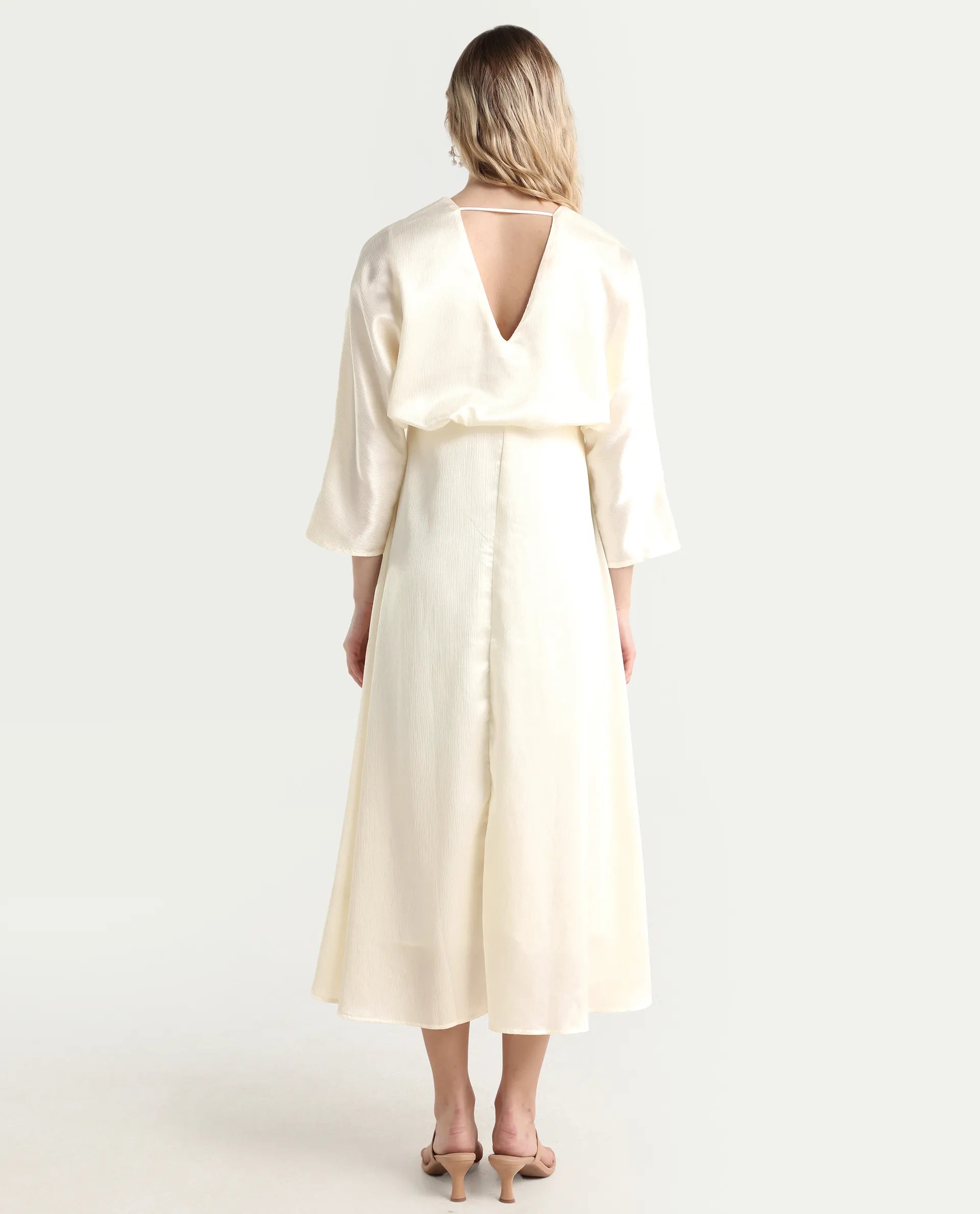 Rareism Women's Somsho Off White Polyester V-Neck Plain Kimono Sleeve Maxi A-Line Dress