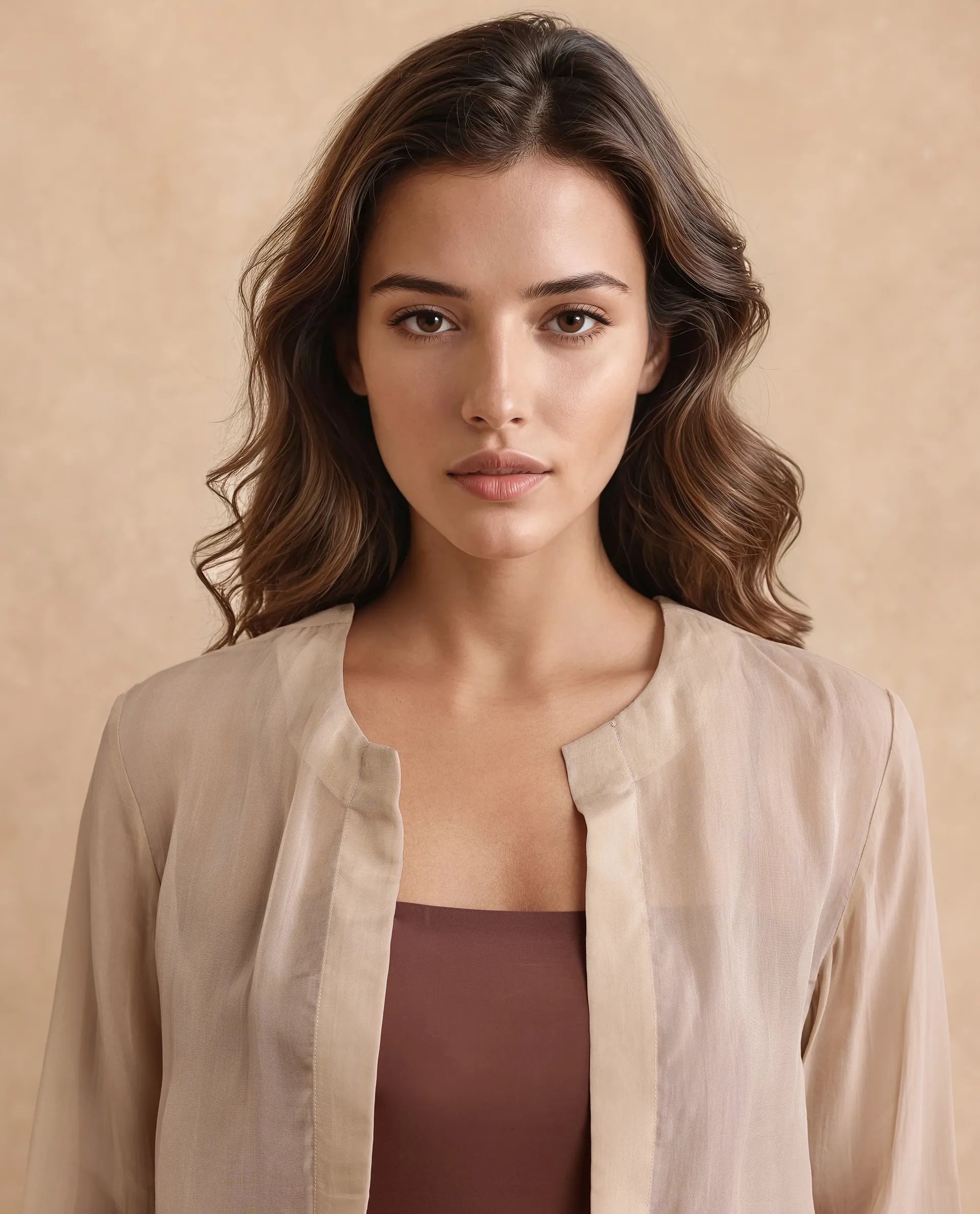 Rareism Women's Somshre Beige Viscose Collarless Plain Crop Regular Fit Jacket