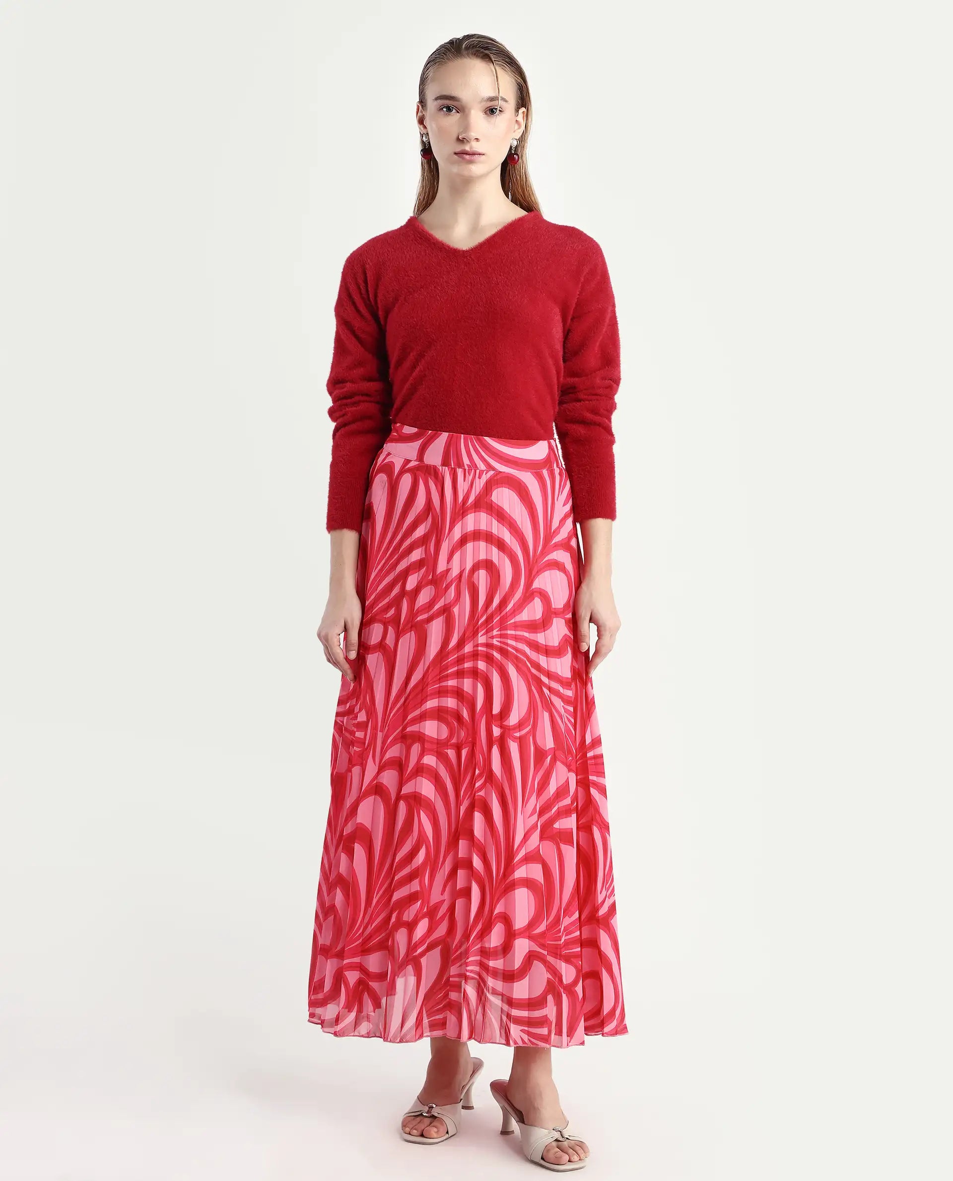 Rareism Women's Somsiri Pink Polyester Abstract Print Maxi Flared Skirt