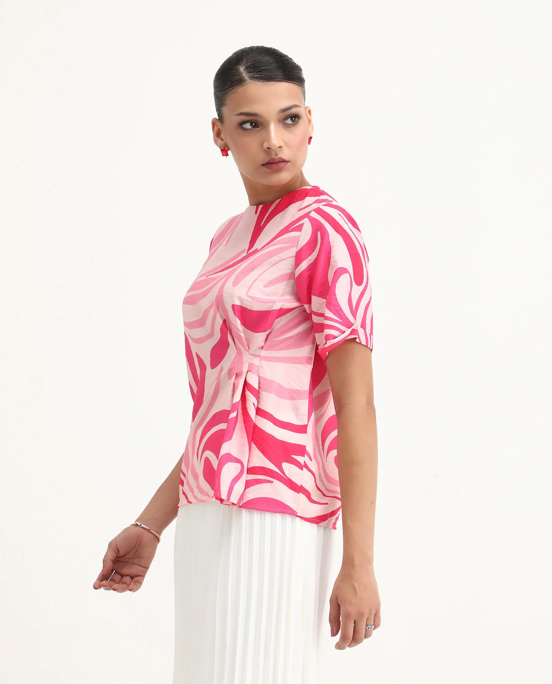 Rareism Women's Somtij Pink Viscose Blend Round Neck Abstract Print Regular Fit Top
