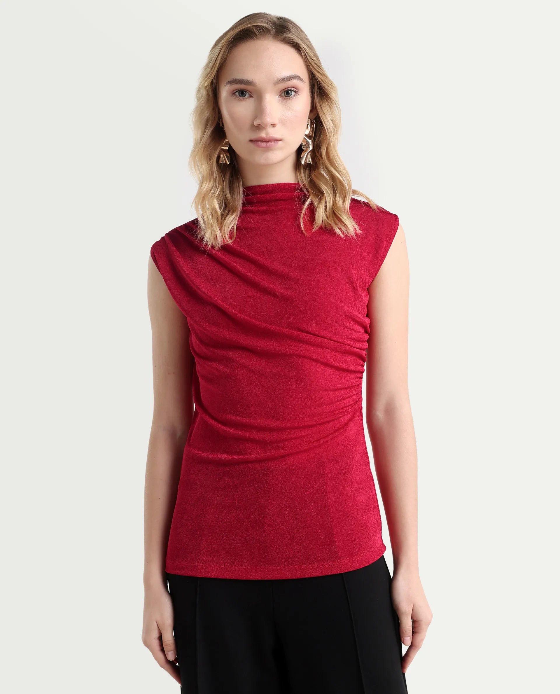Rareism Women's Somtus Red Polyester Blend Cowl Neck Plain Sleeveless Regular Fit Top