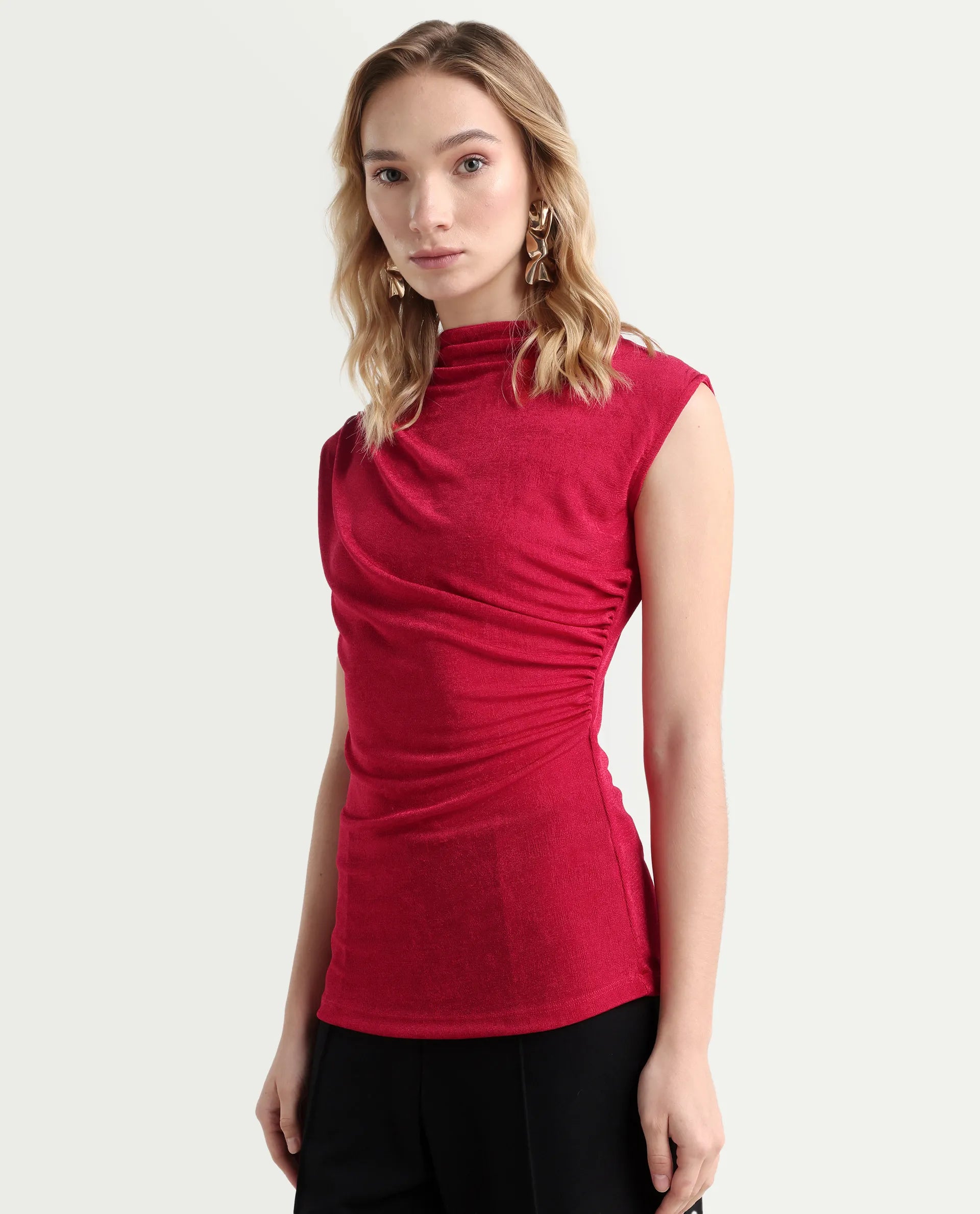 Rareism Women's Somtus Red Polyester Blend Cowl Neck Plain Sleeveless Regular Fit Top