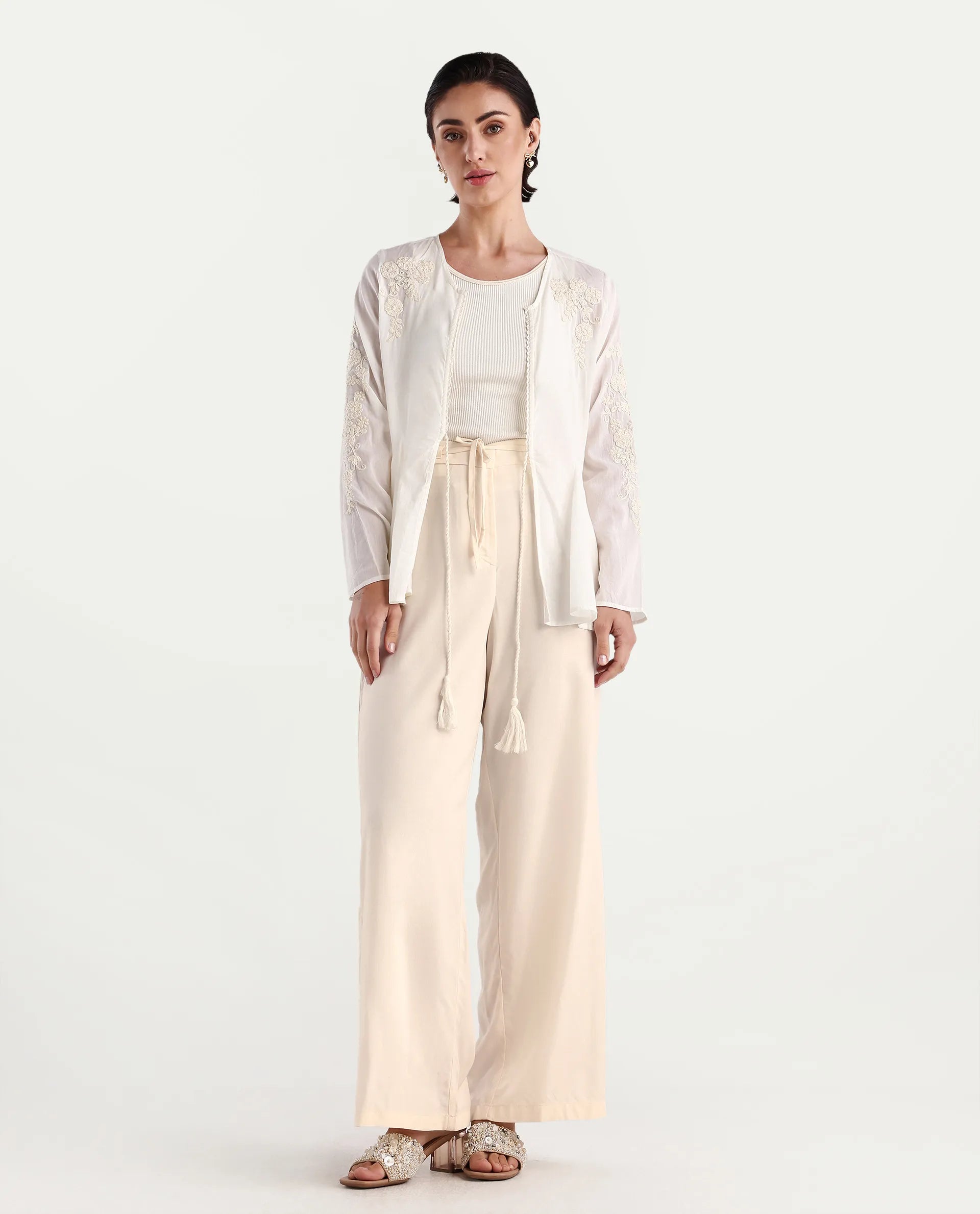 Rareism Women's Somuse Beige Viscose Plain Ankle Length Wide Trouser