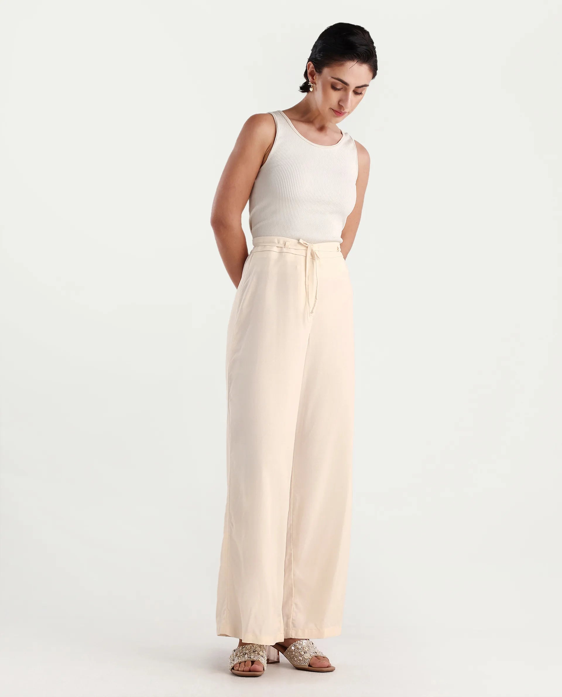 Rareism Women's Somuse Beige Viscose Plain Ankle Length Wide Trouser