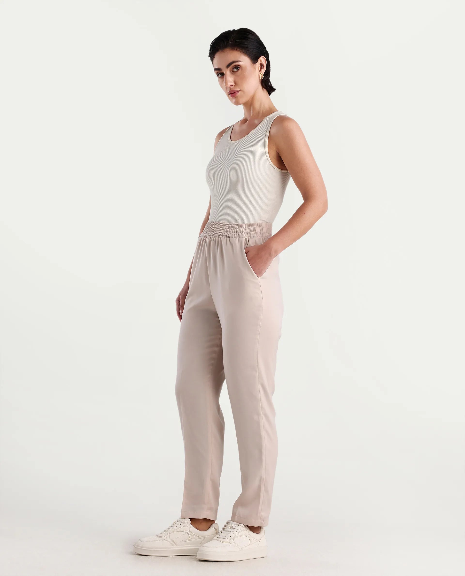 Rareism Women's Somuth Beige Polyester Plain Ankle Length Straight Fit Trouser