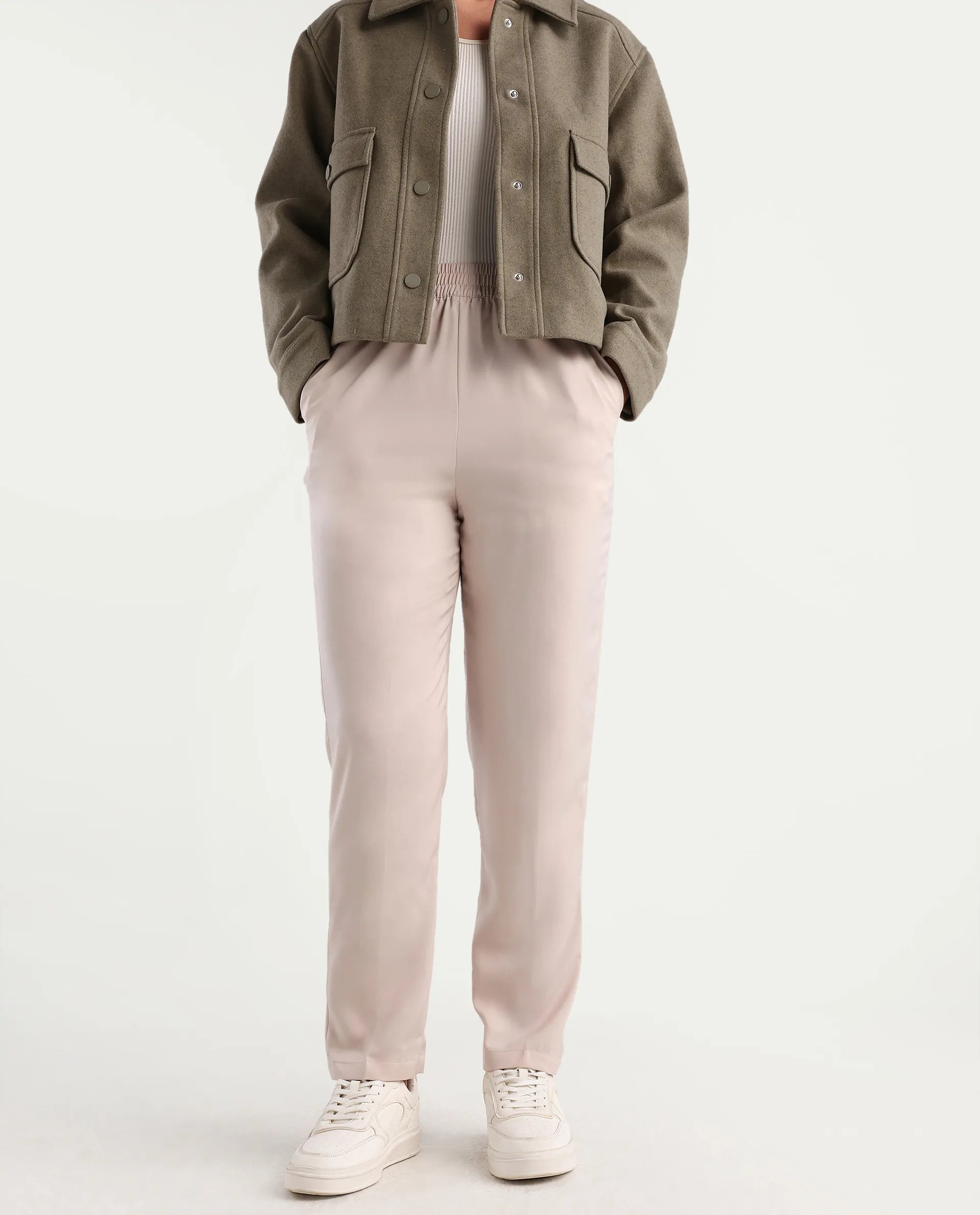 Rareism Women's Somuth Beige Polyester Plain Ankle Length Straight Fit Trouser