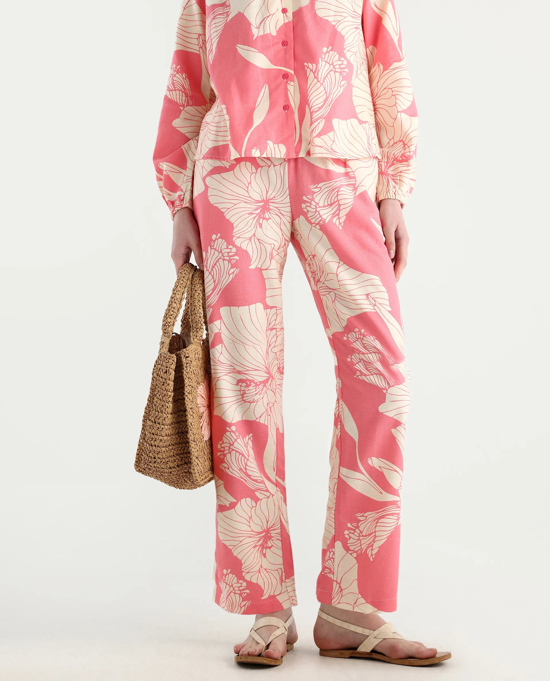 Rareism Women's Somyan B Pink Rayon Floral Print Ankle Length Straight Fit Trouser