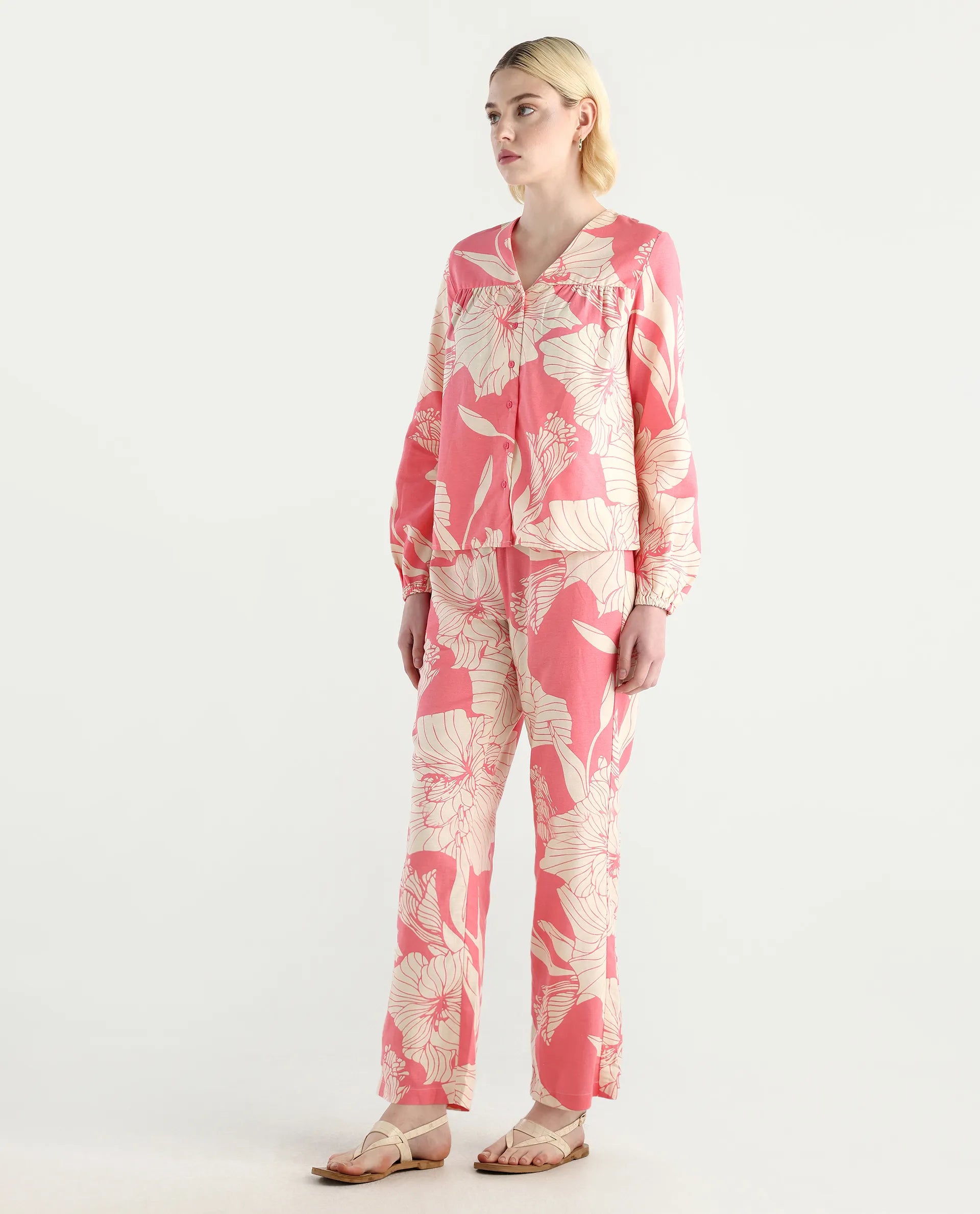 Rareism Women's Somyan B Pink Rayon Floral Print Ankle Length Straight Fit Trouser