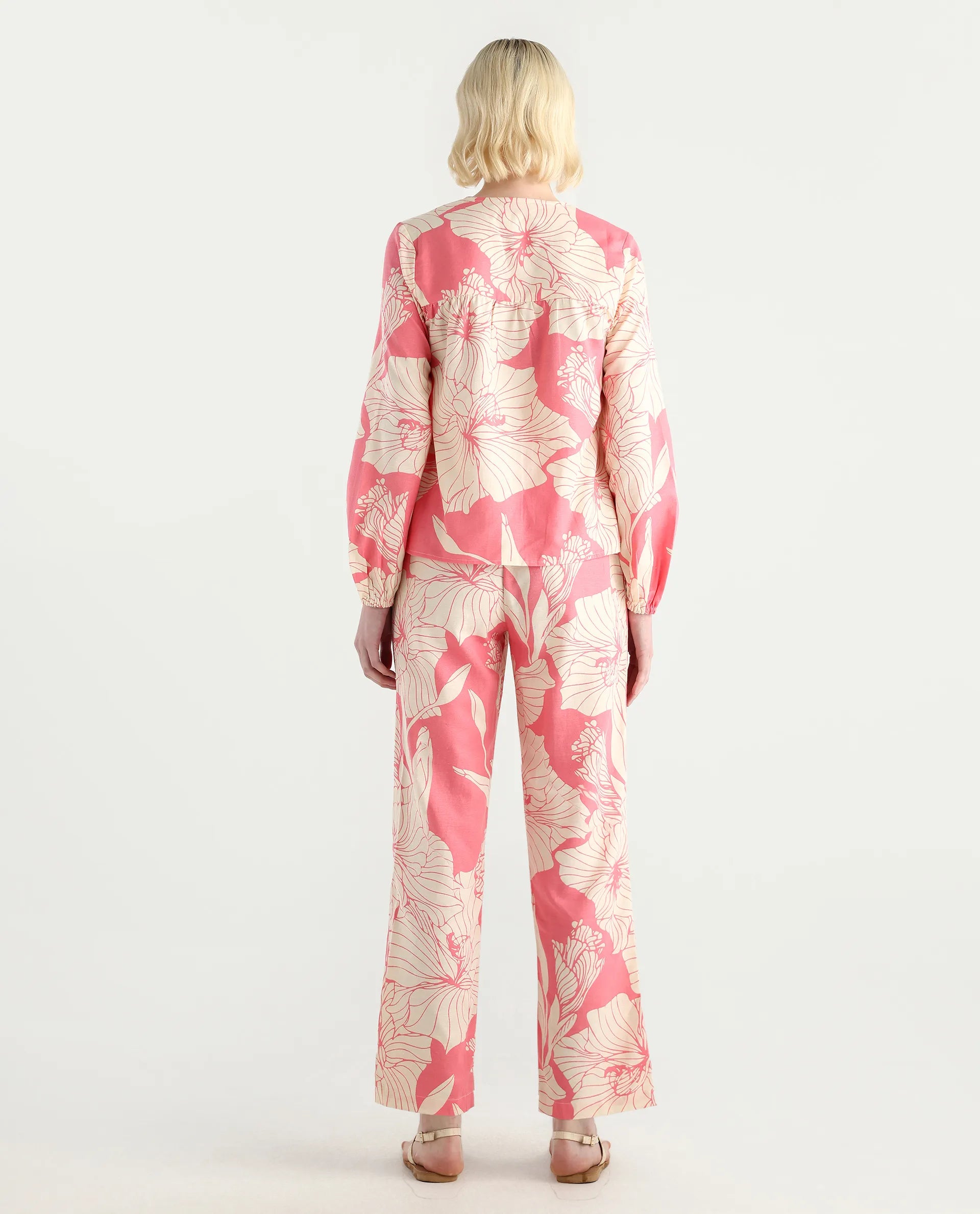 Rareism Women's Somyan B Pink Rayon Floral Print Ankle Length Straight Fit Trouser