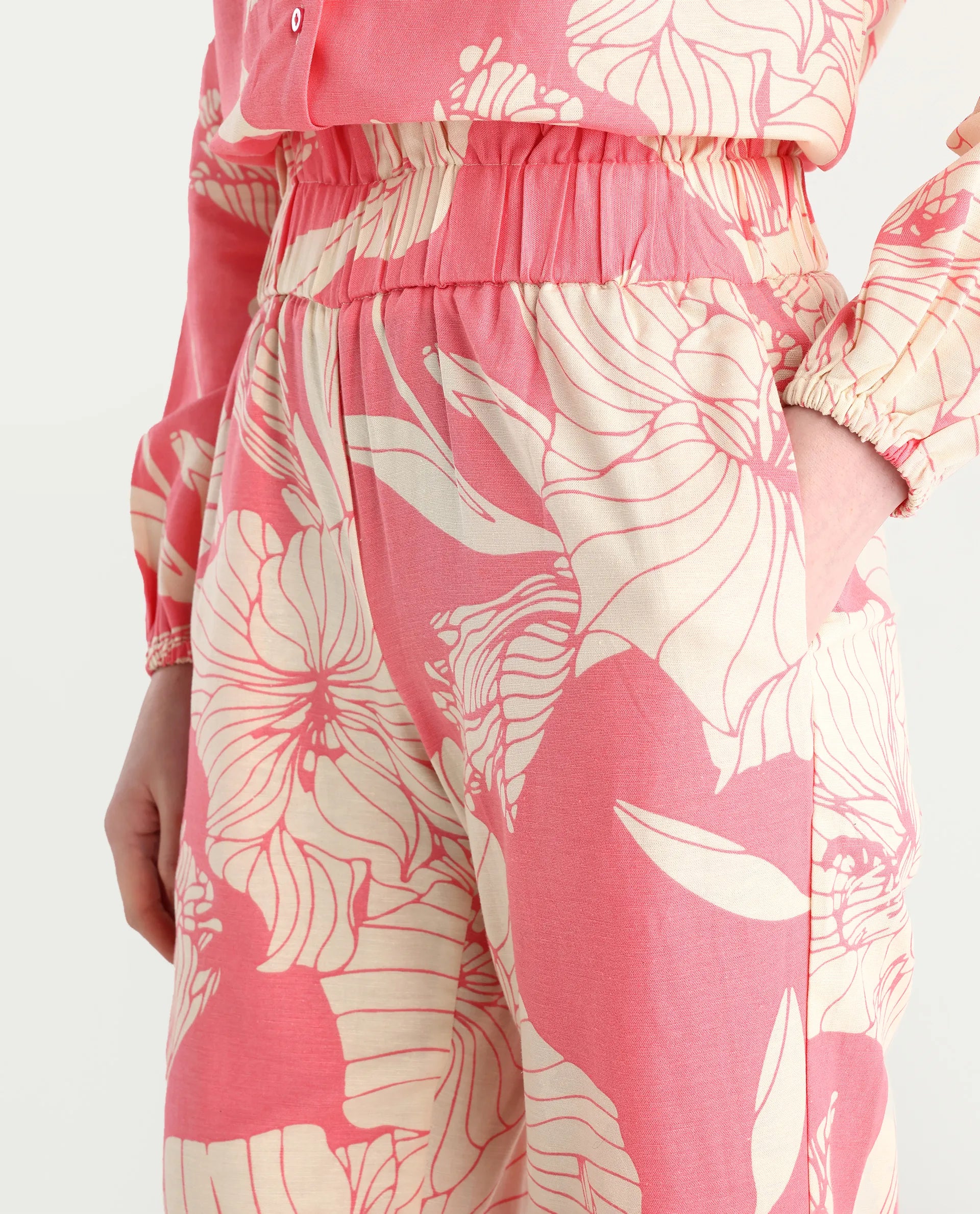 Rareism Women's Somyan B Pink Rayon Floral Print Ankle Length Straight Fit Trouser