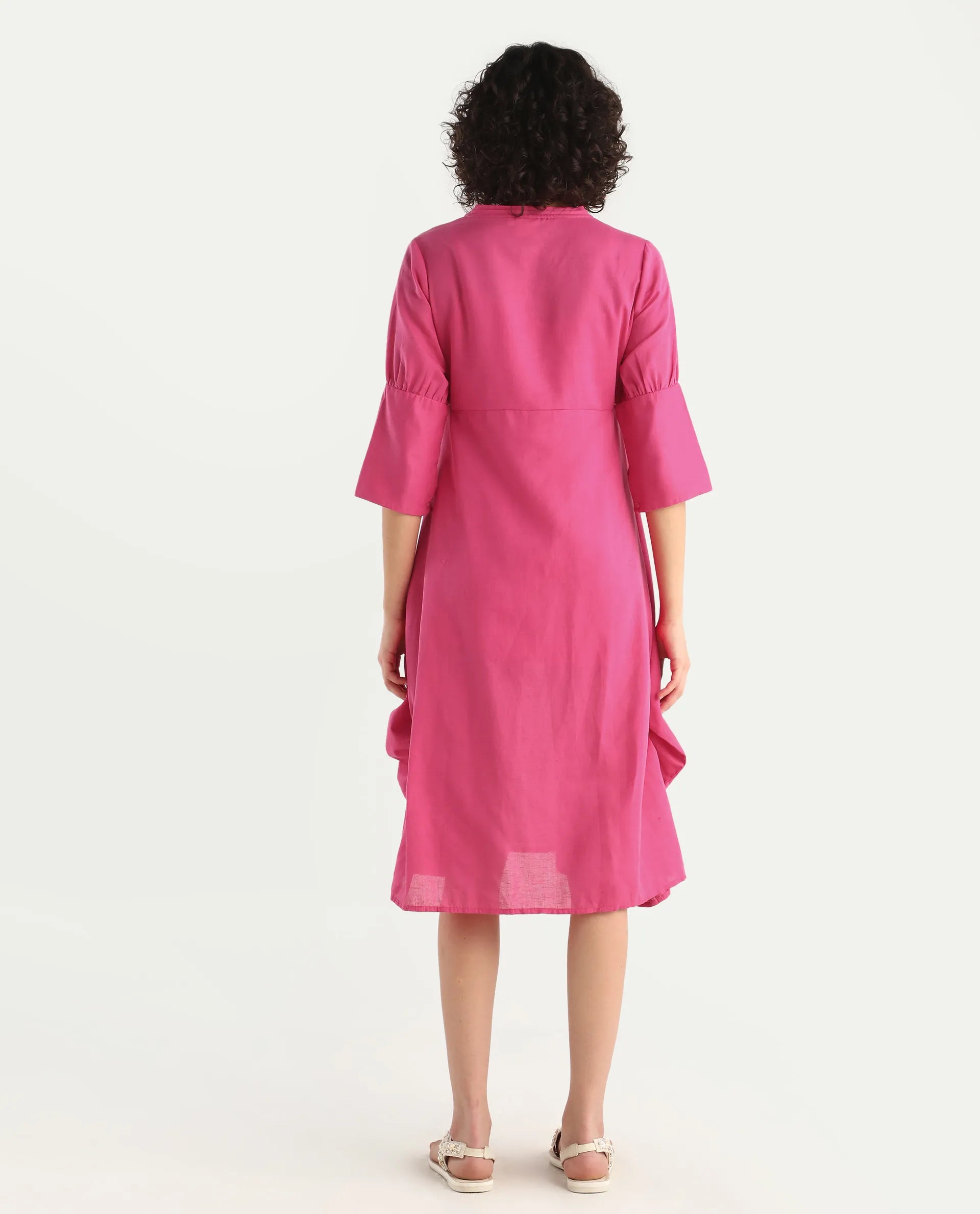 Rareism Women's Somyer Pink Linen V-Neck Plain Midi Flared Dress