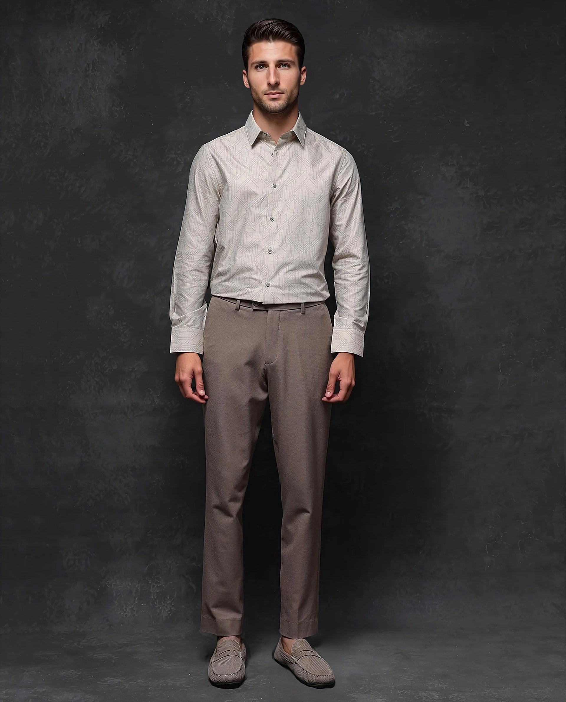 Rare Rabbit Men's Sonnet Beige Cotton Geometric Print Regular Fit Full Sleeve Collared Shirt