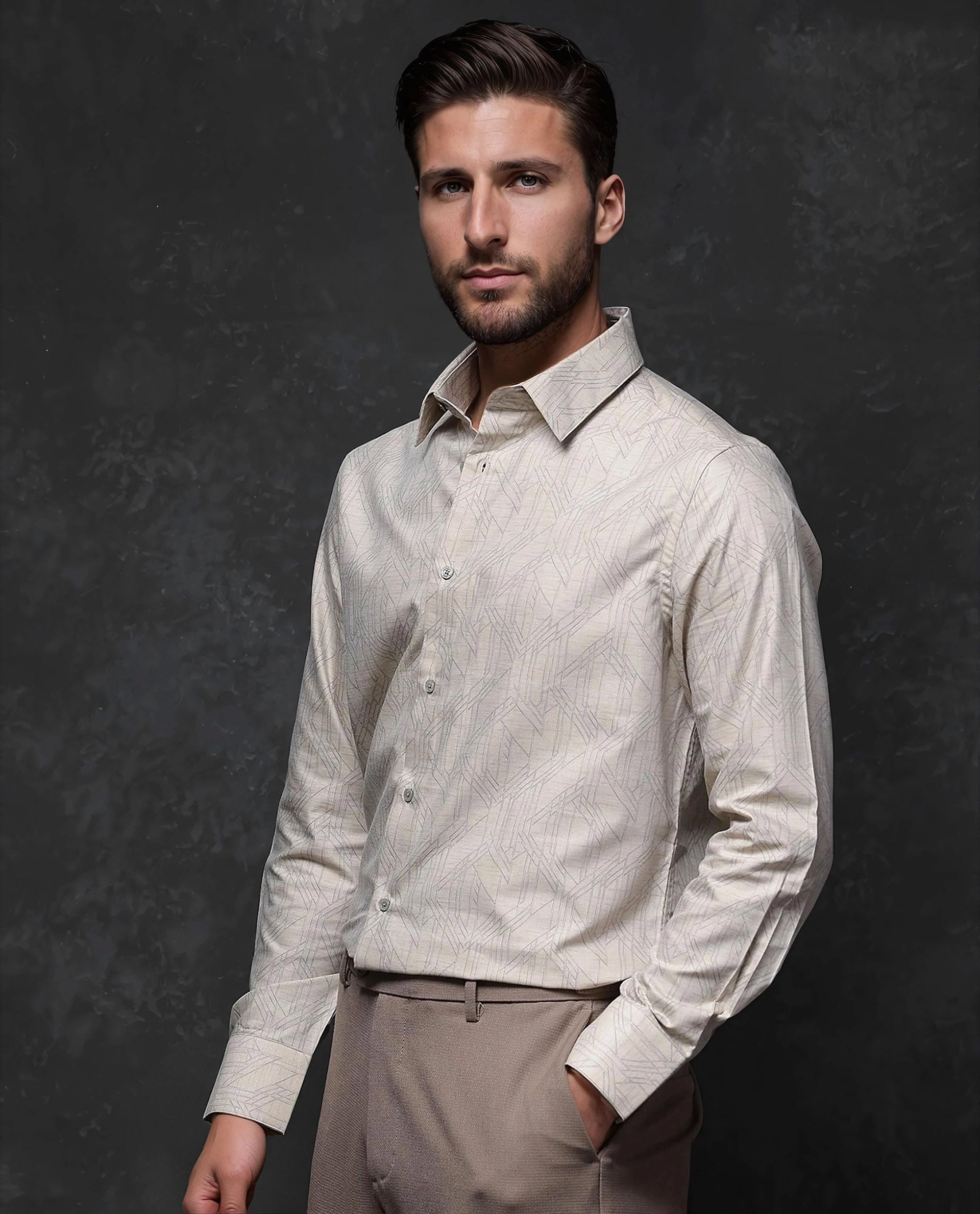 Rare Rabbit Men's Sonnet Beige Cotton Geometric Print Regular Fit Full Sleeve Collared Shirt