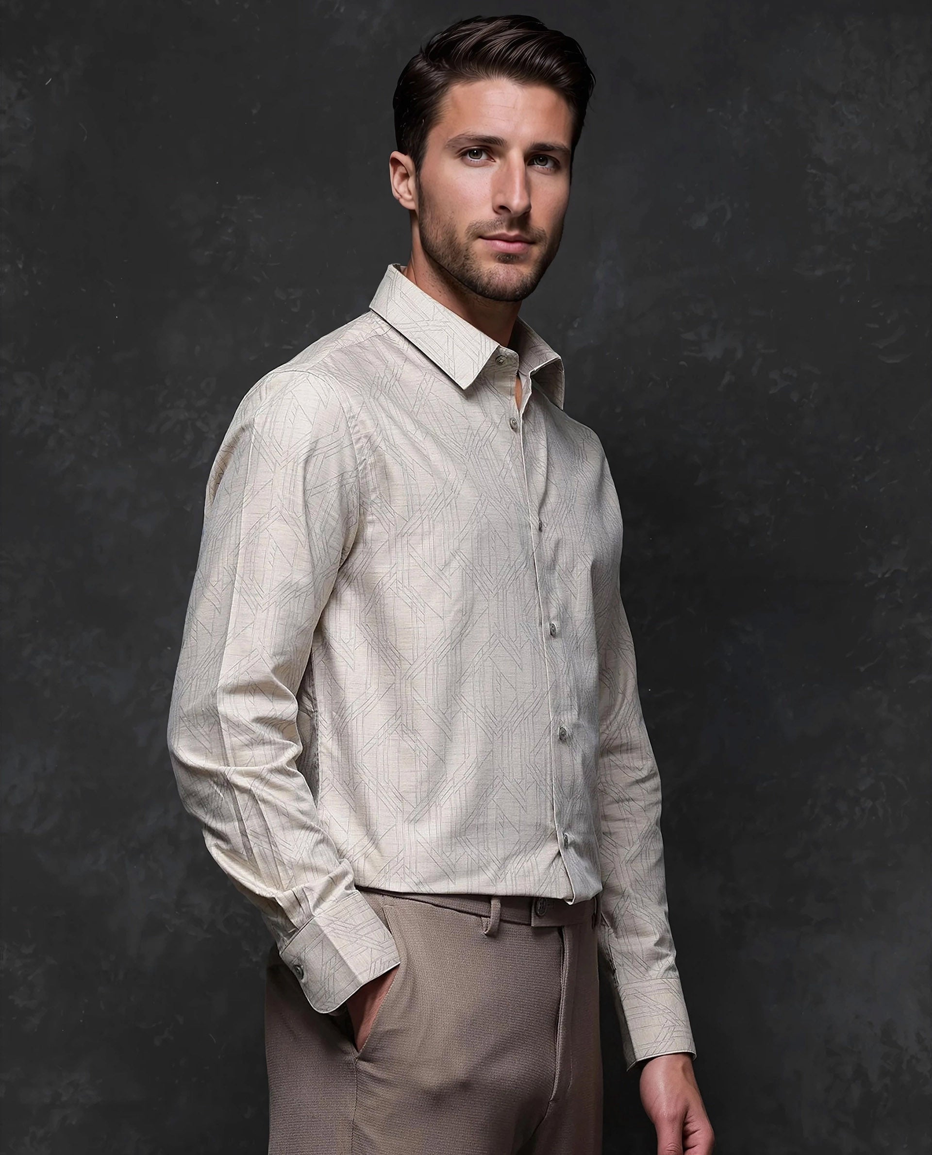 Rare Rabbit Men's Sonnet Beige Cotton Geometric Print Regular Fit Full Sleeve Collared Shirt