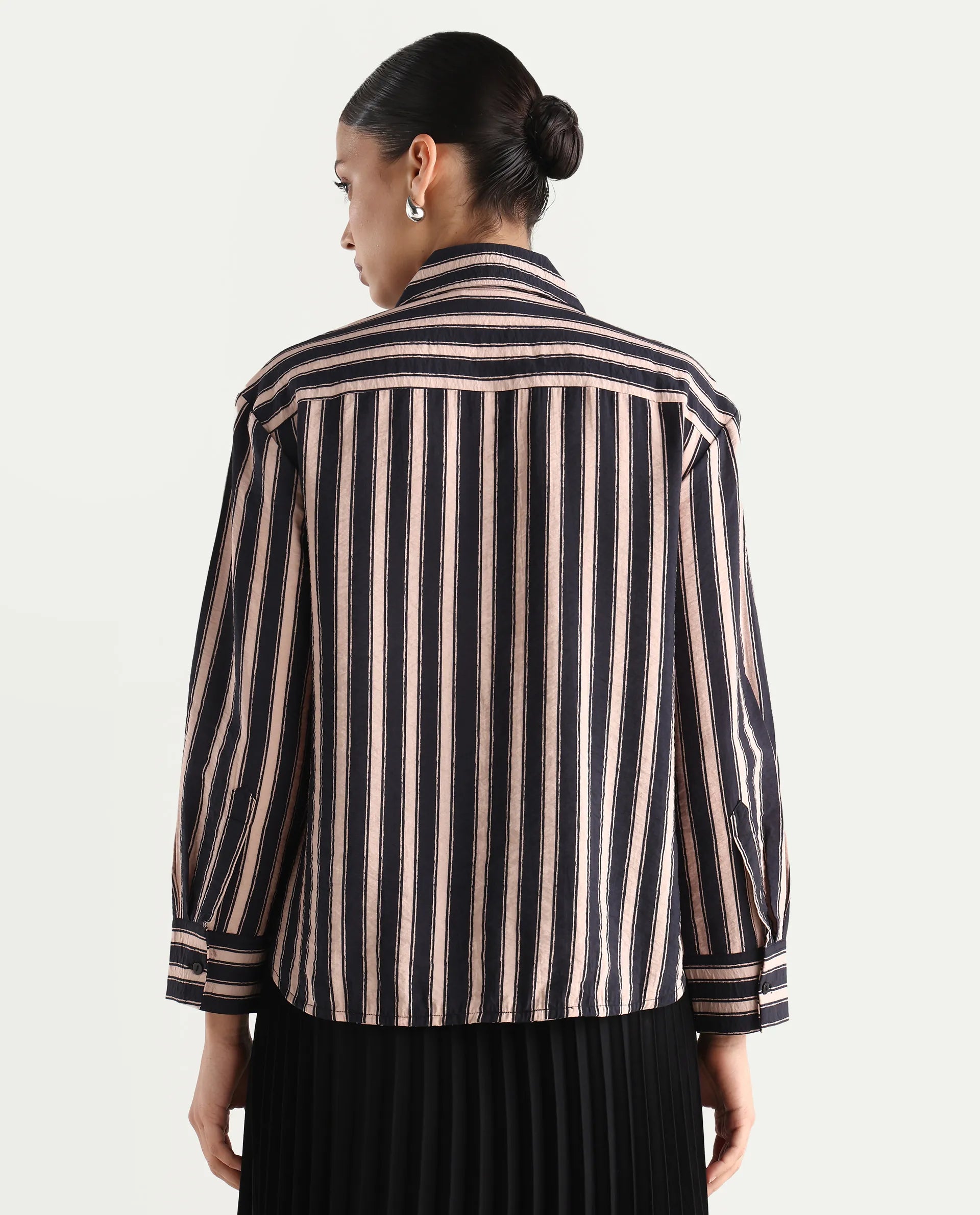 Rareism Women's Sonora Black Viscose Blend Drop Collar Striped Cuffed Sleeve Regular Fit Shirt