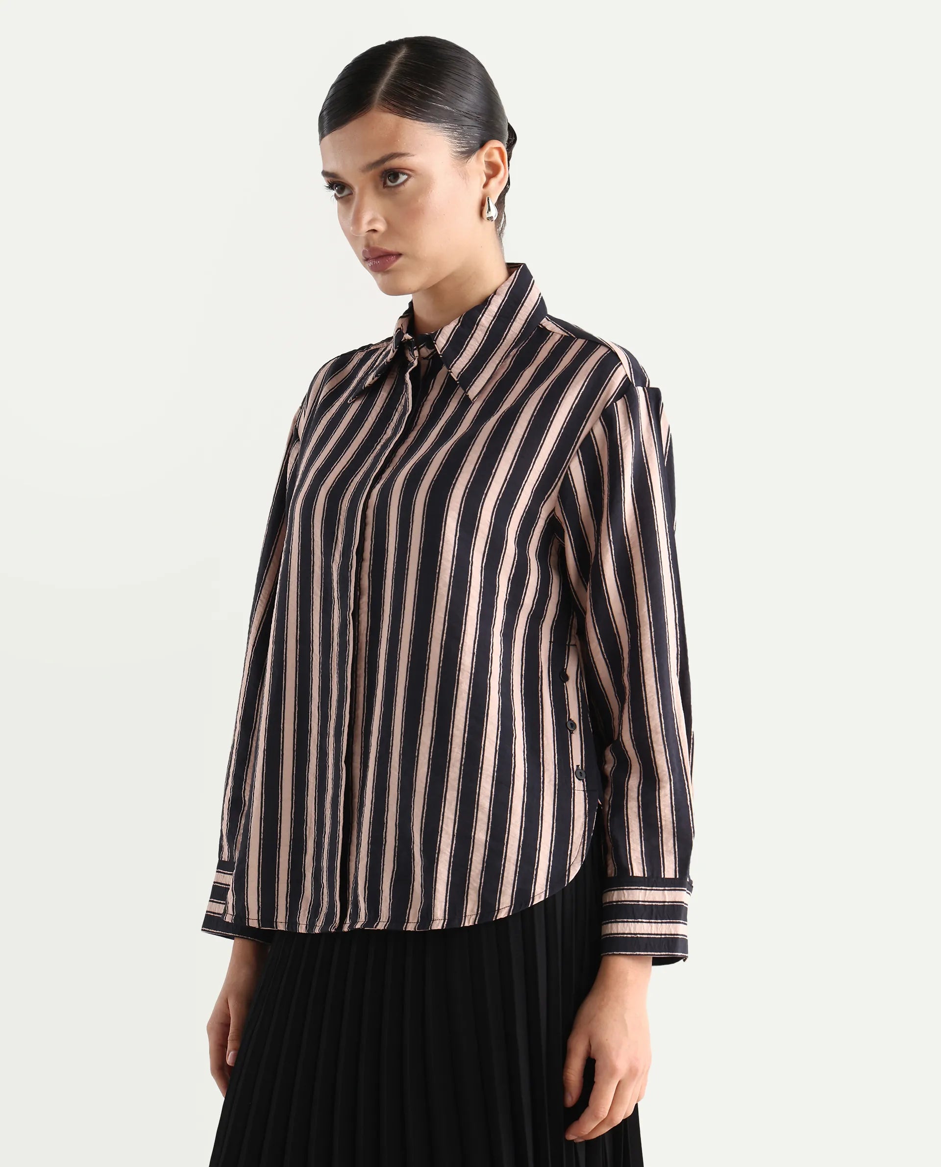 Rareism Women's Sonora Black Viscose Blend Drop Collar Striped Cuffed Sleeve Regular Fit Shirt