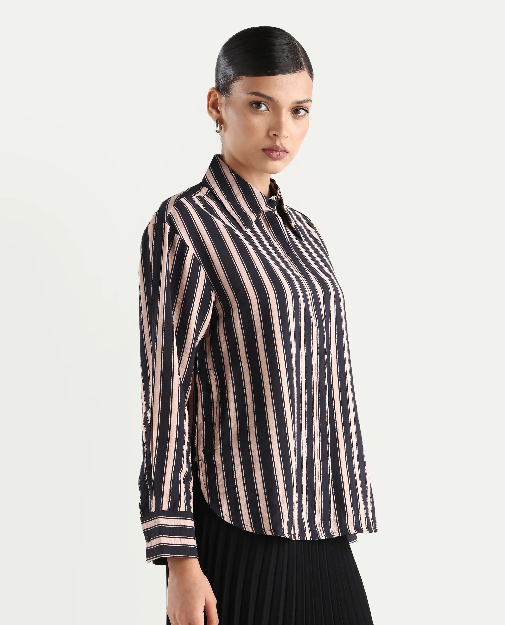 Rareism Women's Sonora Black Viscose Blend Drop Collar Striped Cuffed Sleeve Regular Fit Shirt