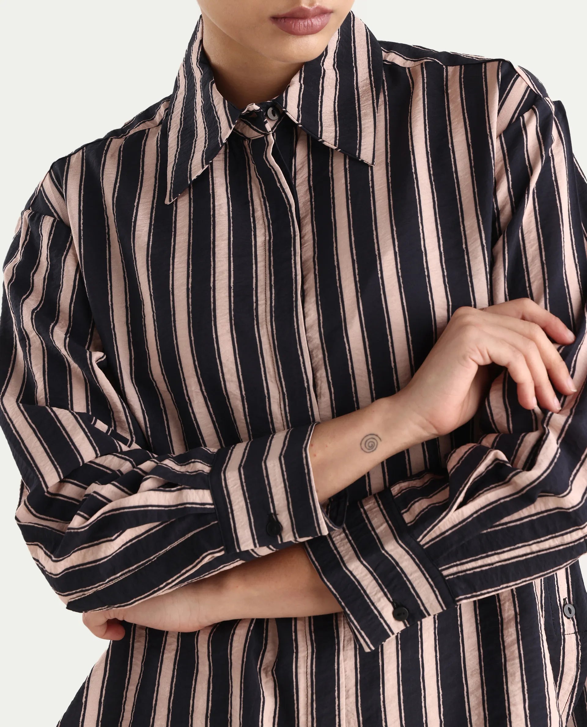 Rareism Women's Sonora Black Viscose Blend Drop Collar Striped Cuffed Sleeve Regular Fit Shirt