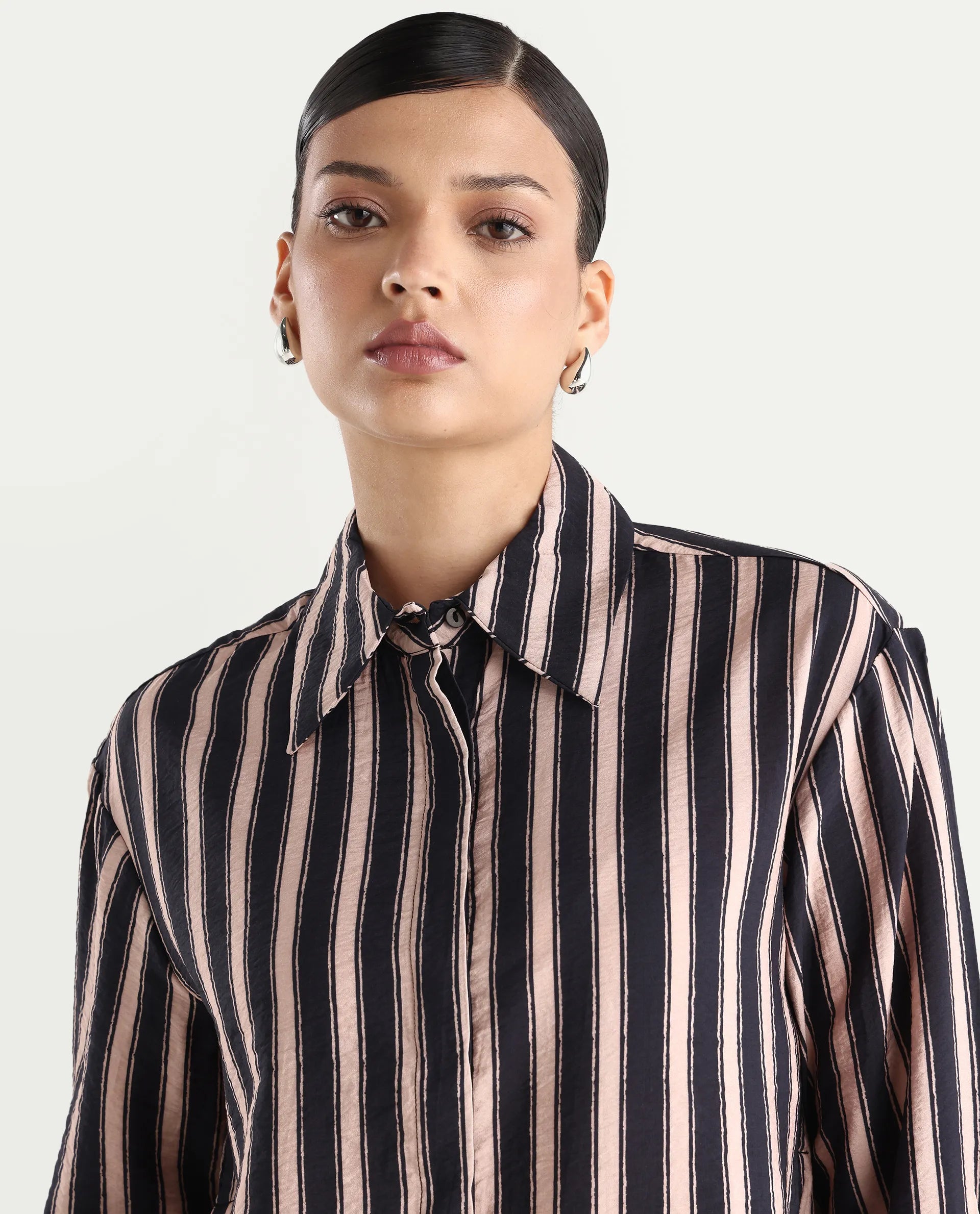 Rareism Women's Sonora Black Viscose Blend Drop Collar Striped Cuffed Sleeve Regular Fit Shirt