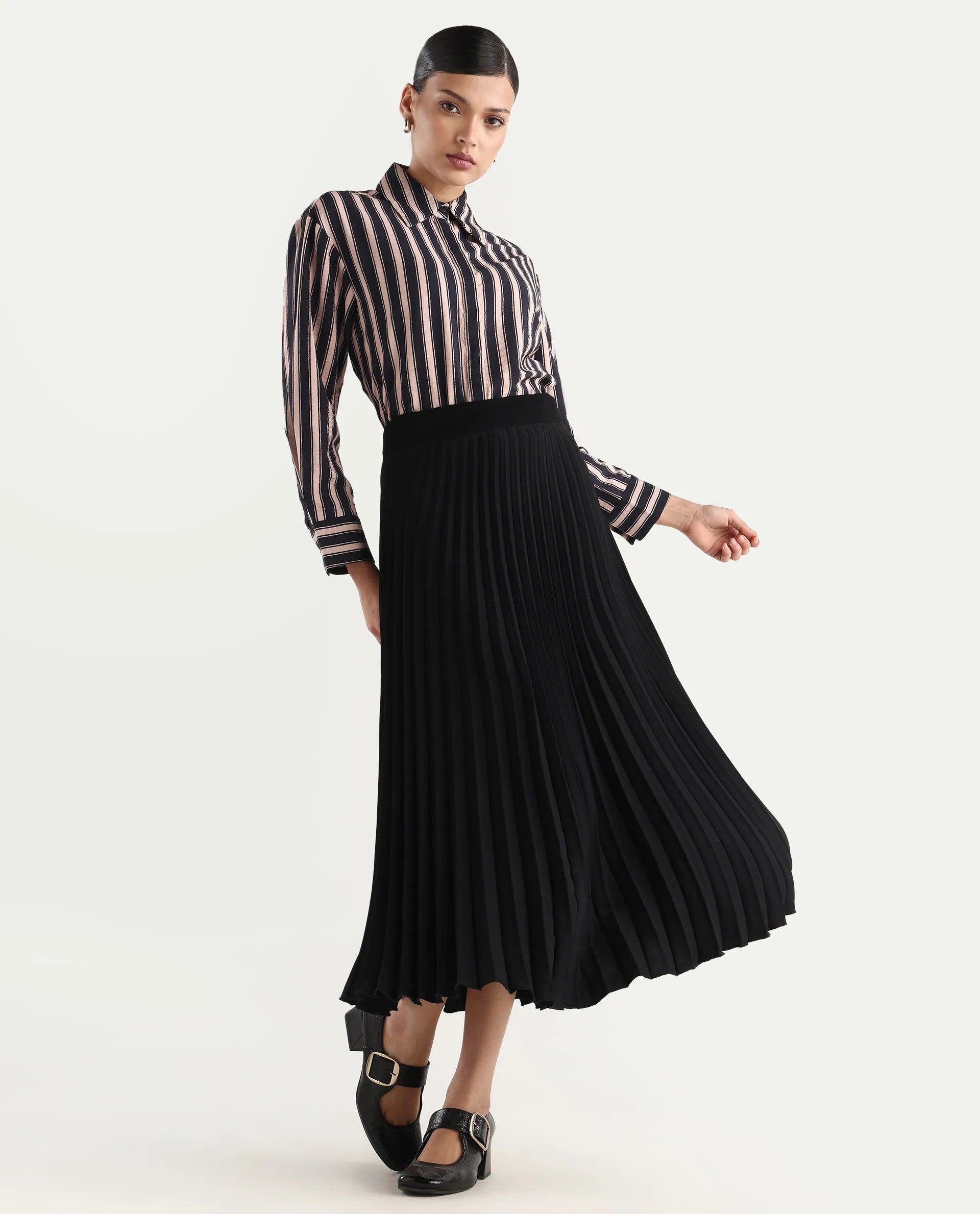 Rareism Women's Sonora Black Viscose Blend Drop Collar Striped Cuffed Sleeve Regular Fit Shirt