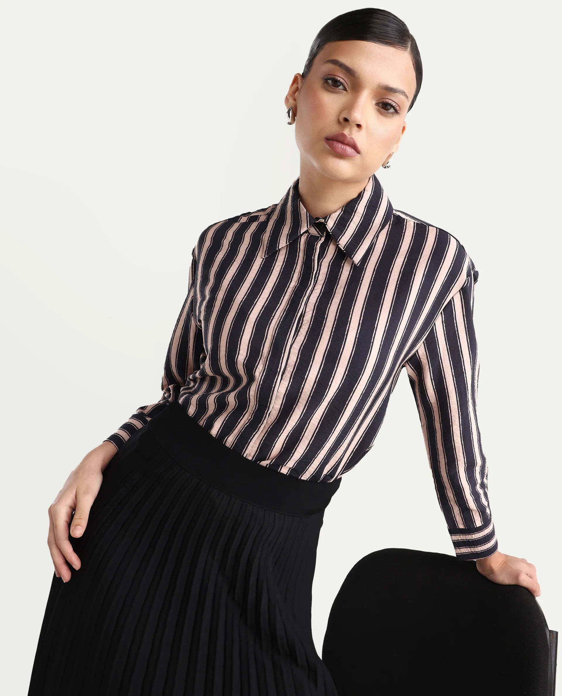 Rareism Women's Sonora Black Viscose Blend Drop Collar Striped Cuffed Sleeve Regular Fit Shirt