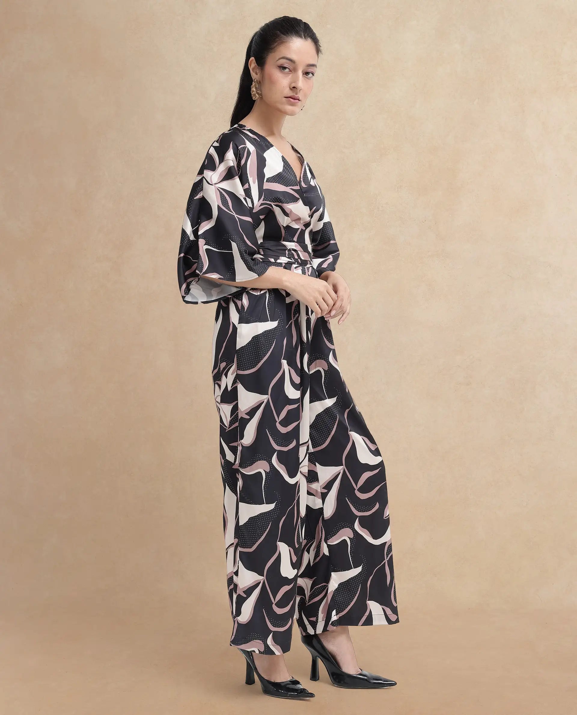 Rareism Women Sonrka Multi Zipper Closure Extended Sleeves Over Lap Neck Relaxed Fit Abstract Print Maxi Jump Suit