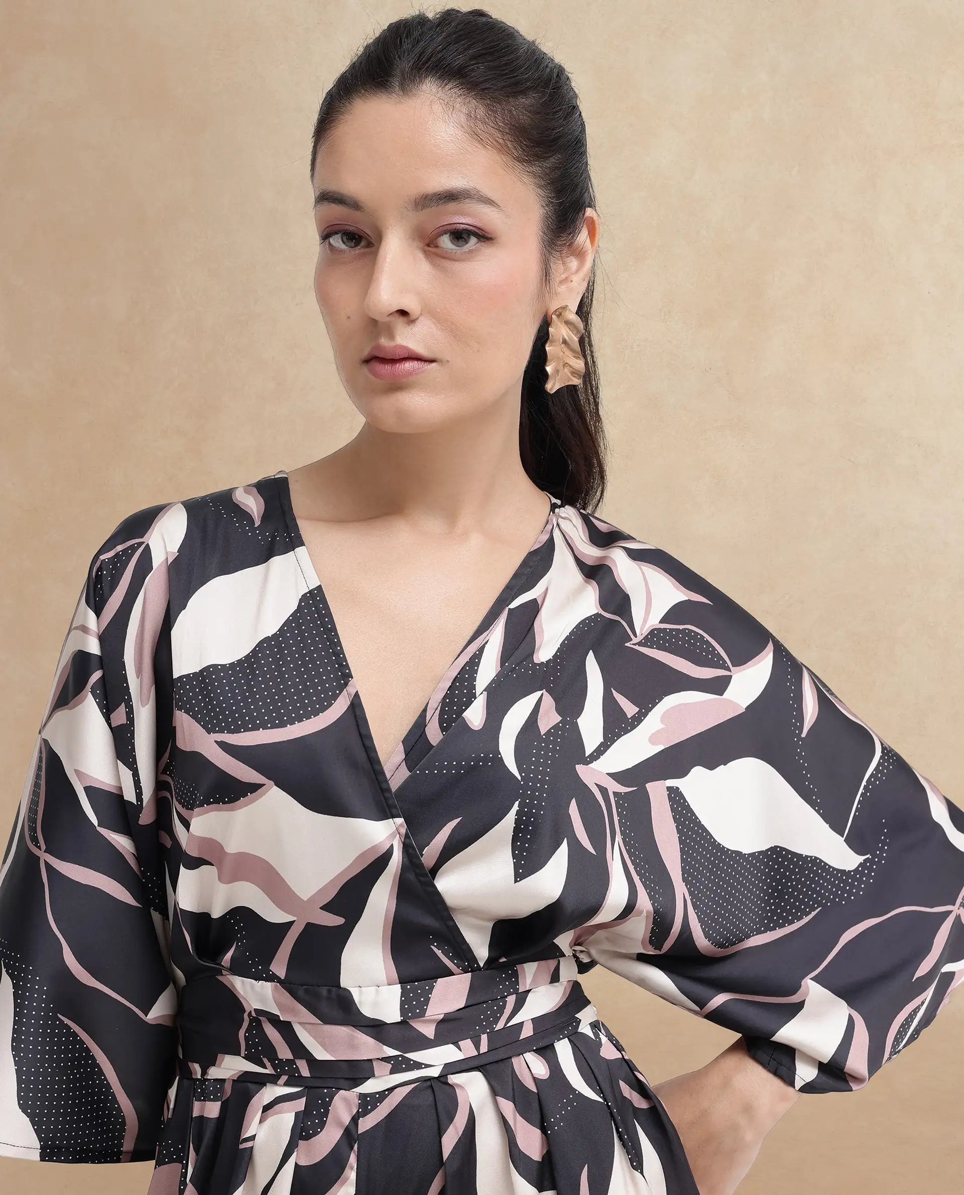 Rareism Women Sonrka Multi Zipper Closure Extended Sleeves Over Lap Neck Relaxed Fit Abstract Print Maxi Jump Suit