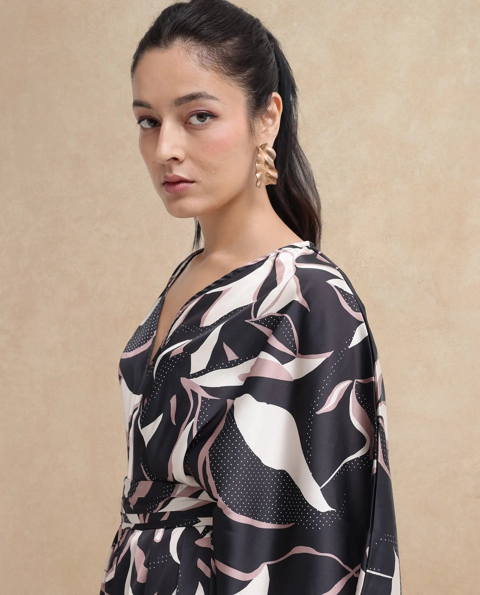 Rareism Women Sonrka Multi Zipper Closure Extended Sleeves Over Lap Neck Relaxed Fit Abstract Print Maxi Jump Suit