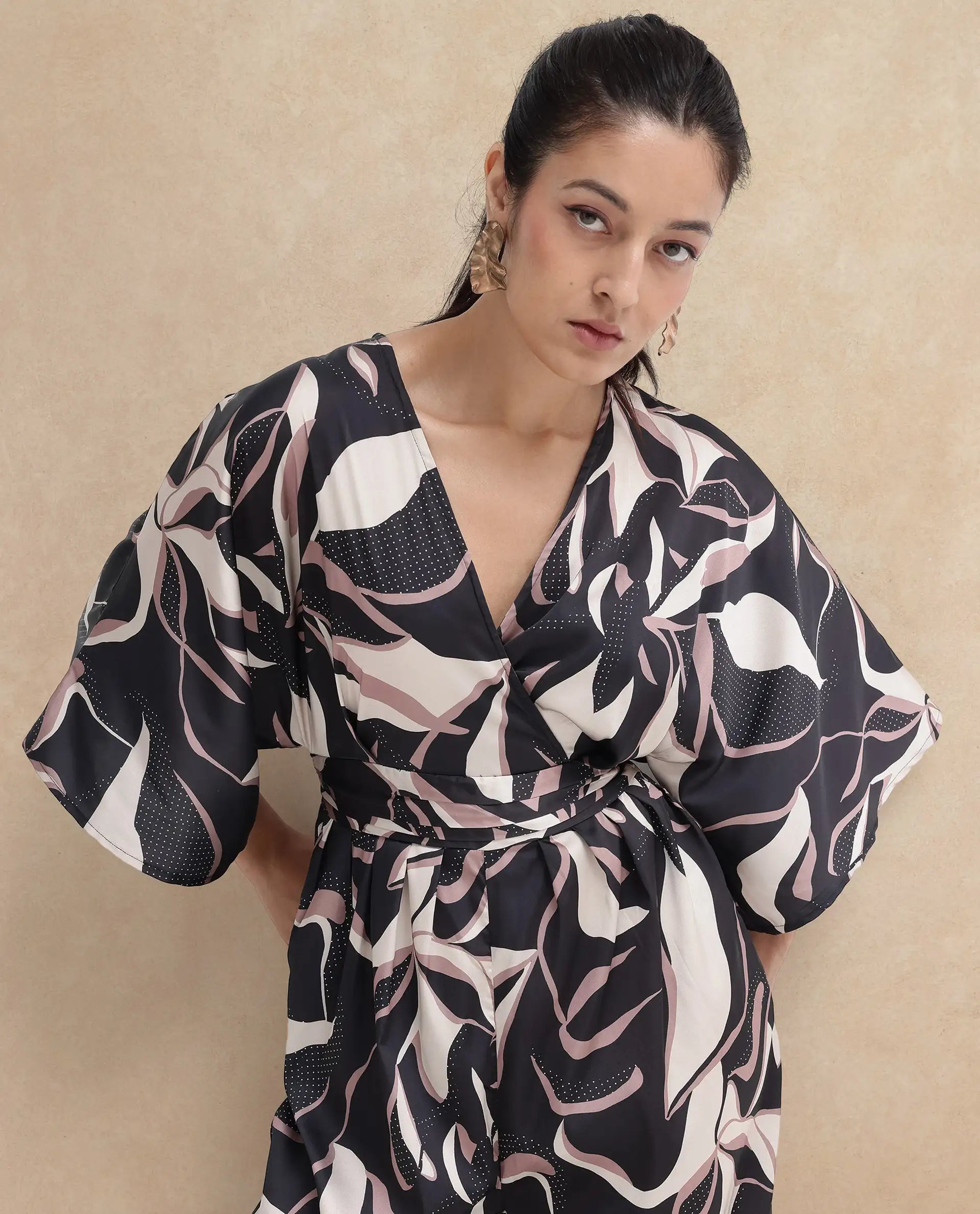 Rareism Women Sonrka Multi Zipper Closure Extended Sleeves Over Lap Neck Relaxed Fit Abstract Print Maxi Jump Suit