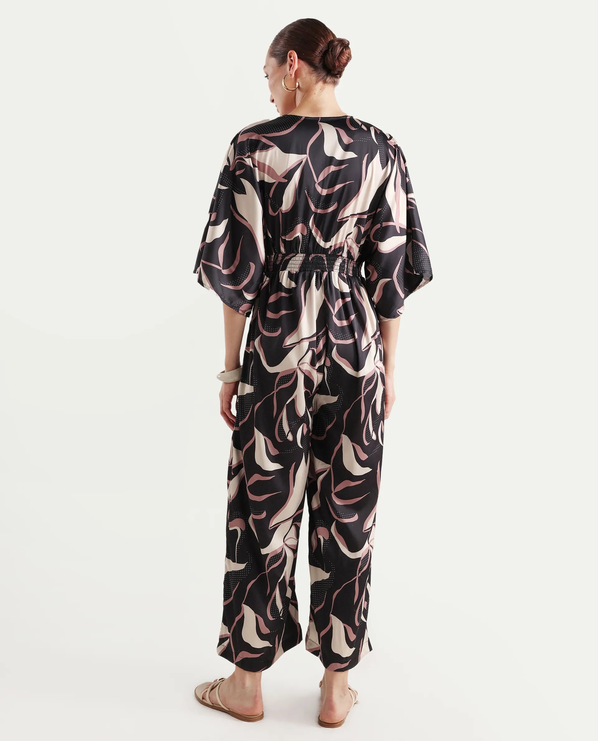 Rareism Women's Sonrka Multi Satin Overlap Neck Abstract Print Extended Sleeves Maxi Relaxed Fit Jumpsuit