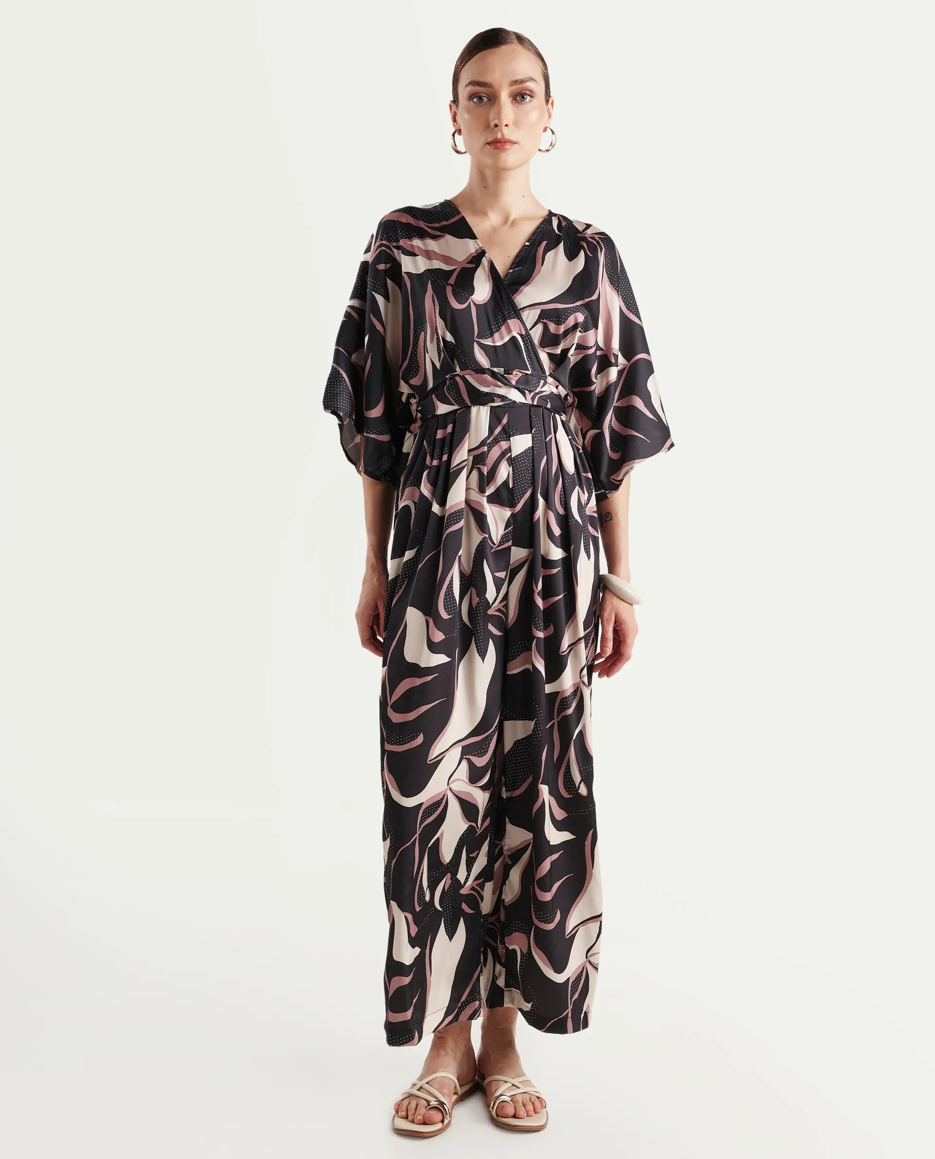 Rareism Women's Sonrka Multi Satin Overlap Neck Abstract Print Extended Sleeves Maxi Relaxed Fit Jumpsuit