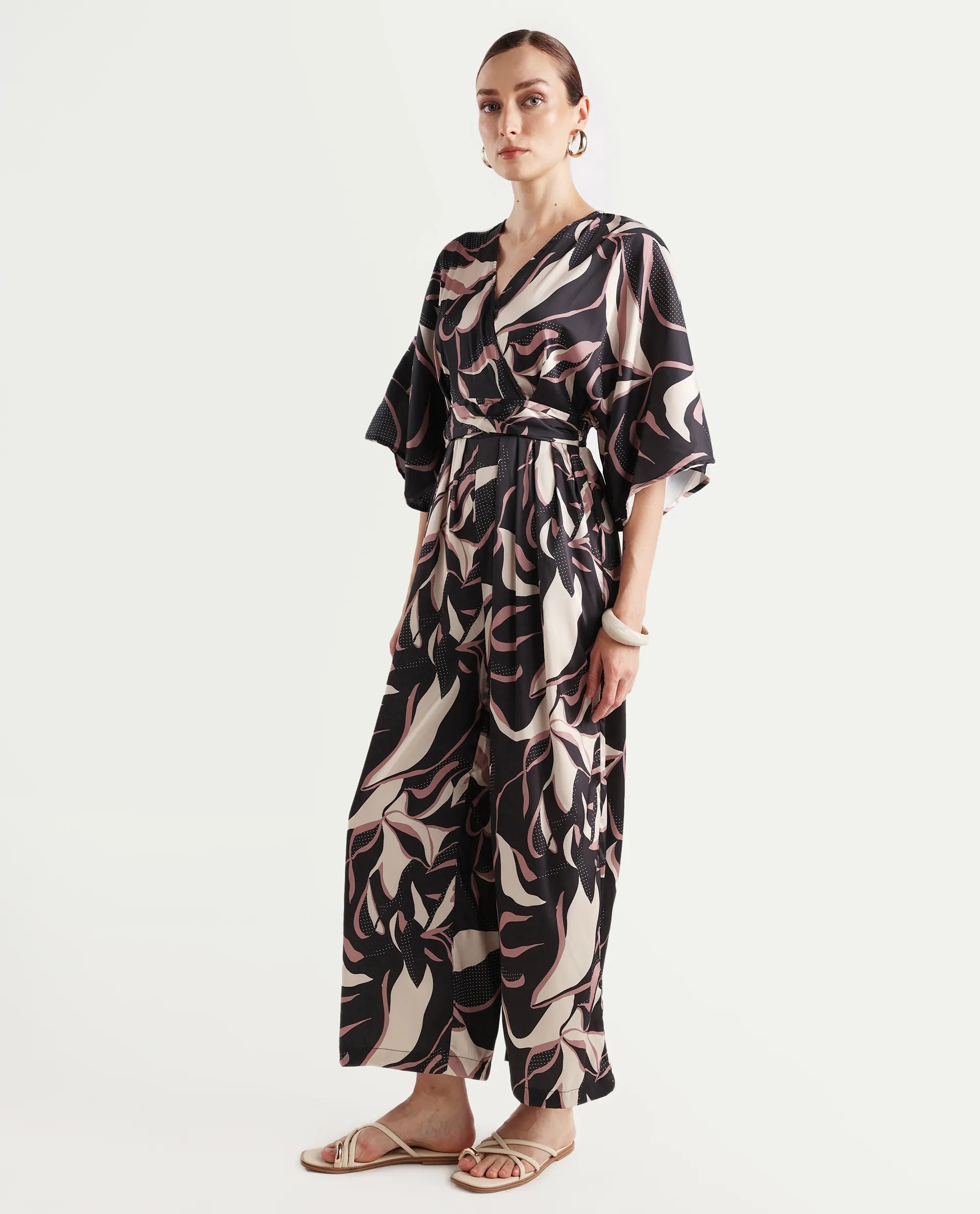 Rareism Women's Sonrka Multi Satin Overlap Neck Abstract Print Extended Sleeves Maxi Relaxed Fit Jumpsuit