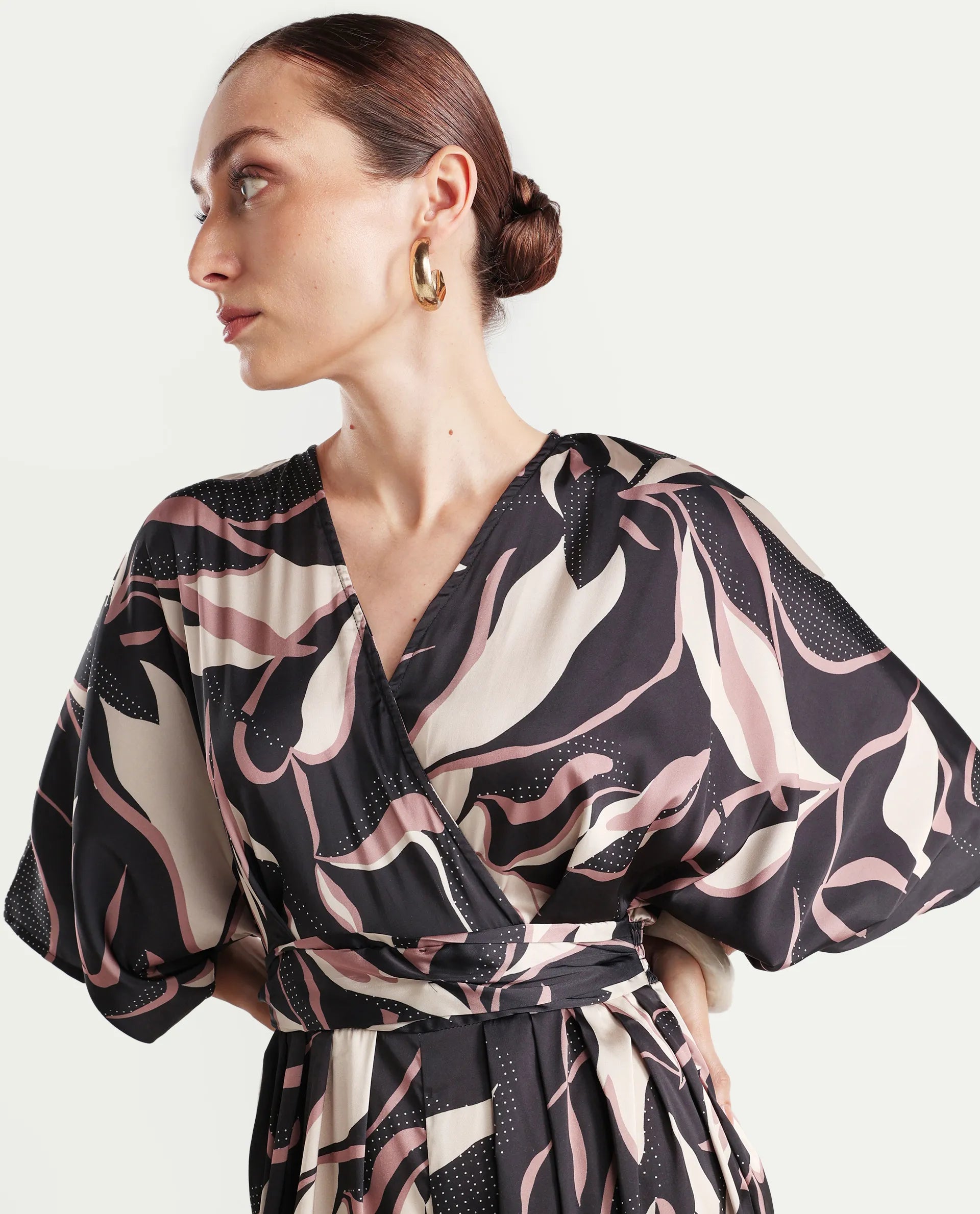 Rareism Women's Sonrka Multi Satin Overlap Neck Abstract Print Extended Sleeves Maxi Relaxed Fit Jumpsuit