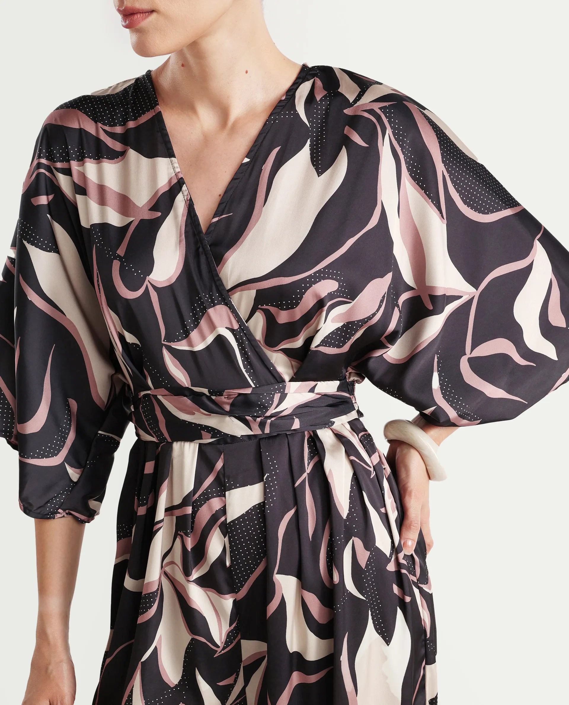 Rareism Women's Sonrka Multi Satin Overlap Neck Abstract Print Extended Sleeves Maxi Relaxed Fit Jumpsuit