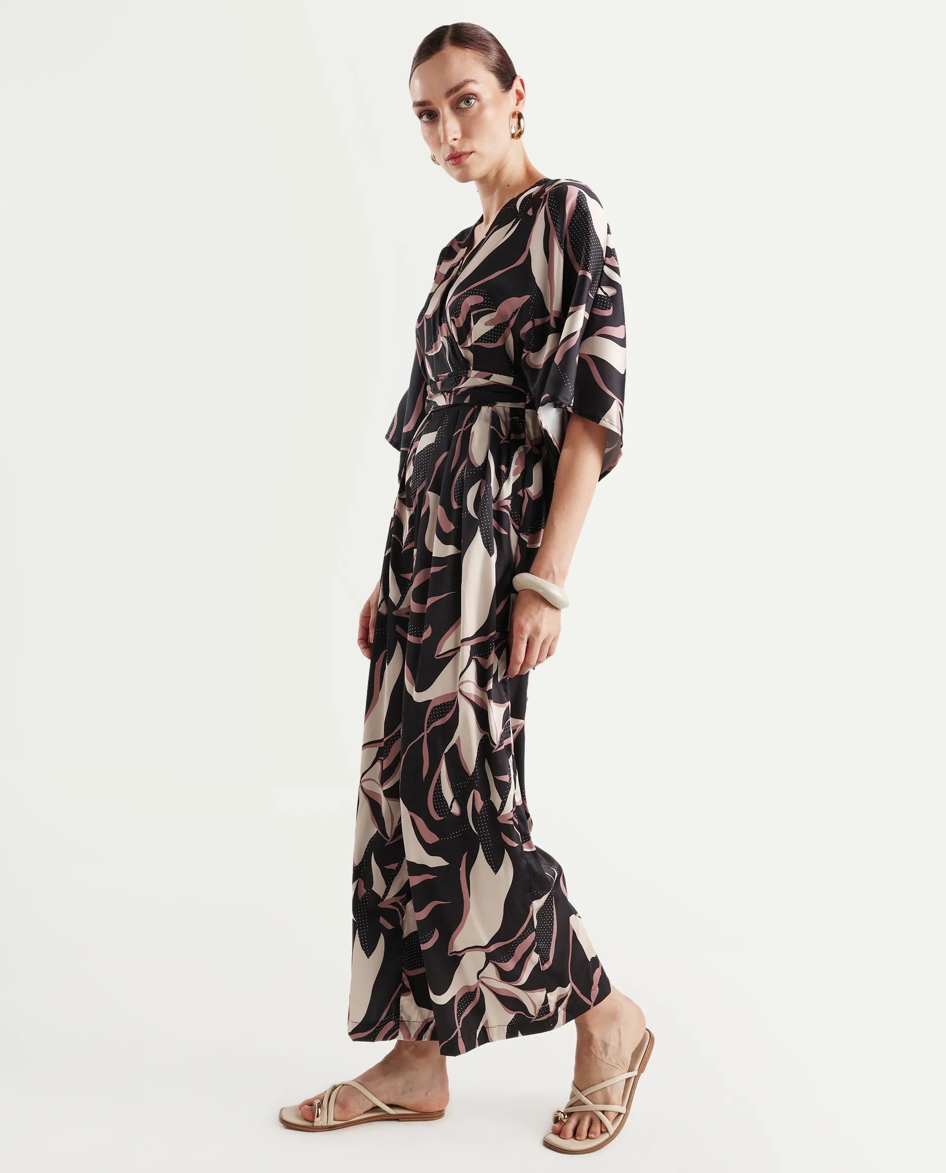 Rareism Women's Sonrka Multi Satin Overlap Neck Abstract Print Extended Sleeves Maxi Relaxed Fit Jumpsuit