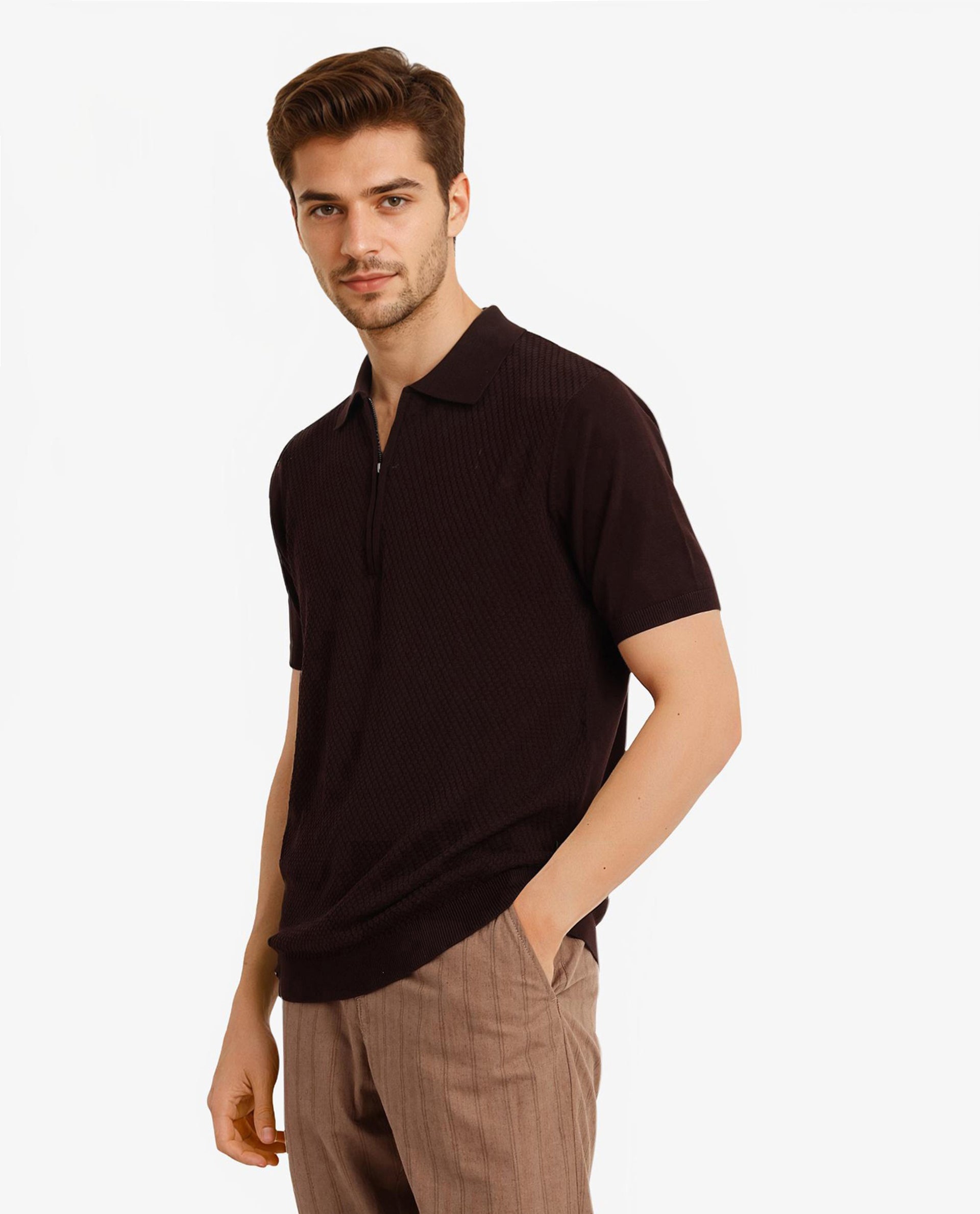 Rare Rabbit Men Sony Dark Brown Cotton Fabric Short Sleeve Zipper Closure Regular Fit Textured Polo T-Shirt