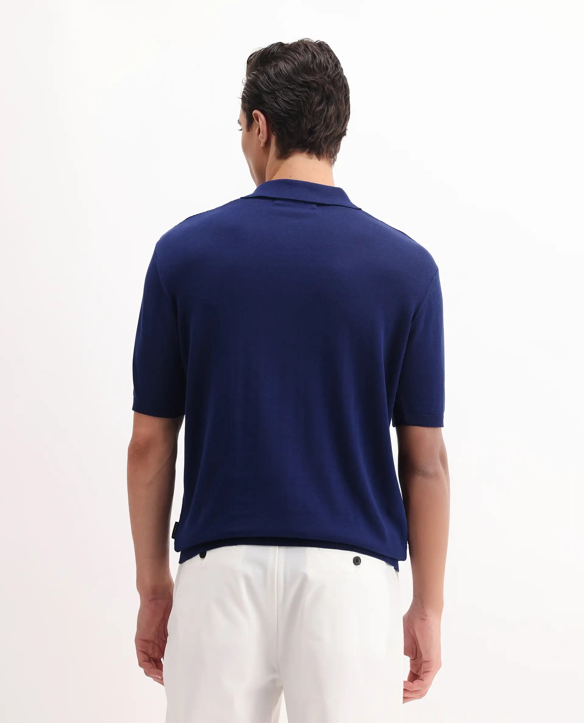 Rare Rabbit Men's Sony Dark Blue Cotton Textured Regular Fit Half Sleeve Polo